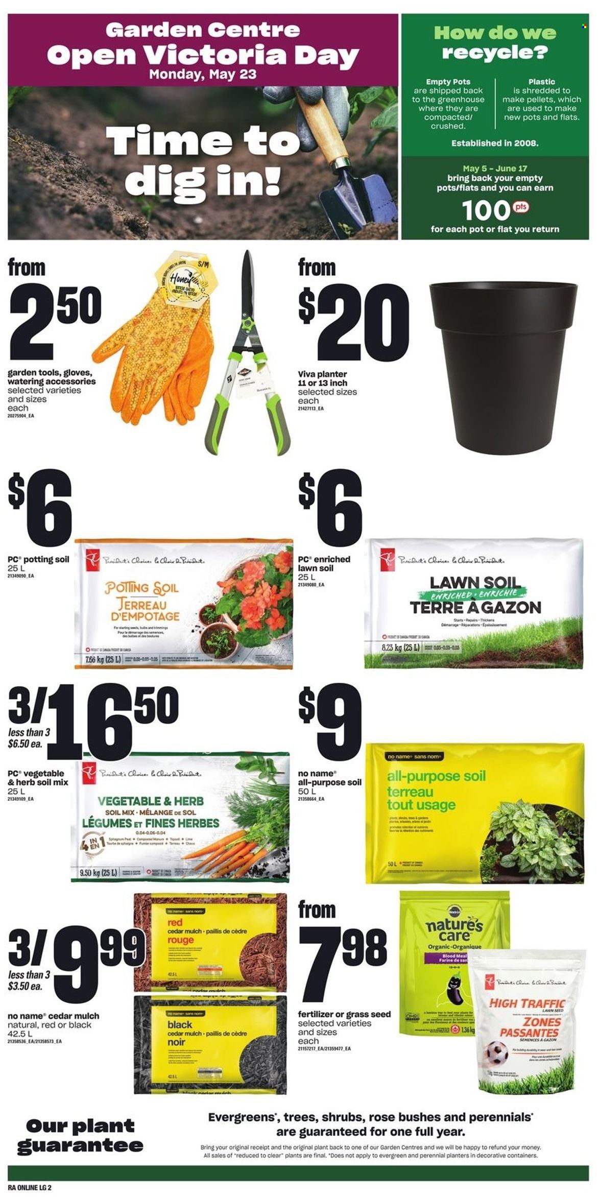 thumbnail - Atlantic Superstore Flyer - May 19, 2022 - May 25, 2022 - Sales products - No Name, Président, honey, Planters, Sol, plant seeds, rose, fertilizer, outdoor flowers, plant pot, grass seed, garden mulch, container, gloves. Page 9.
