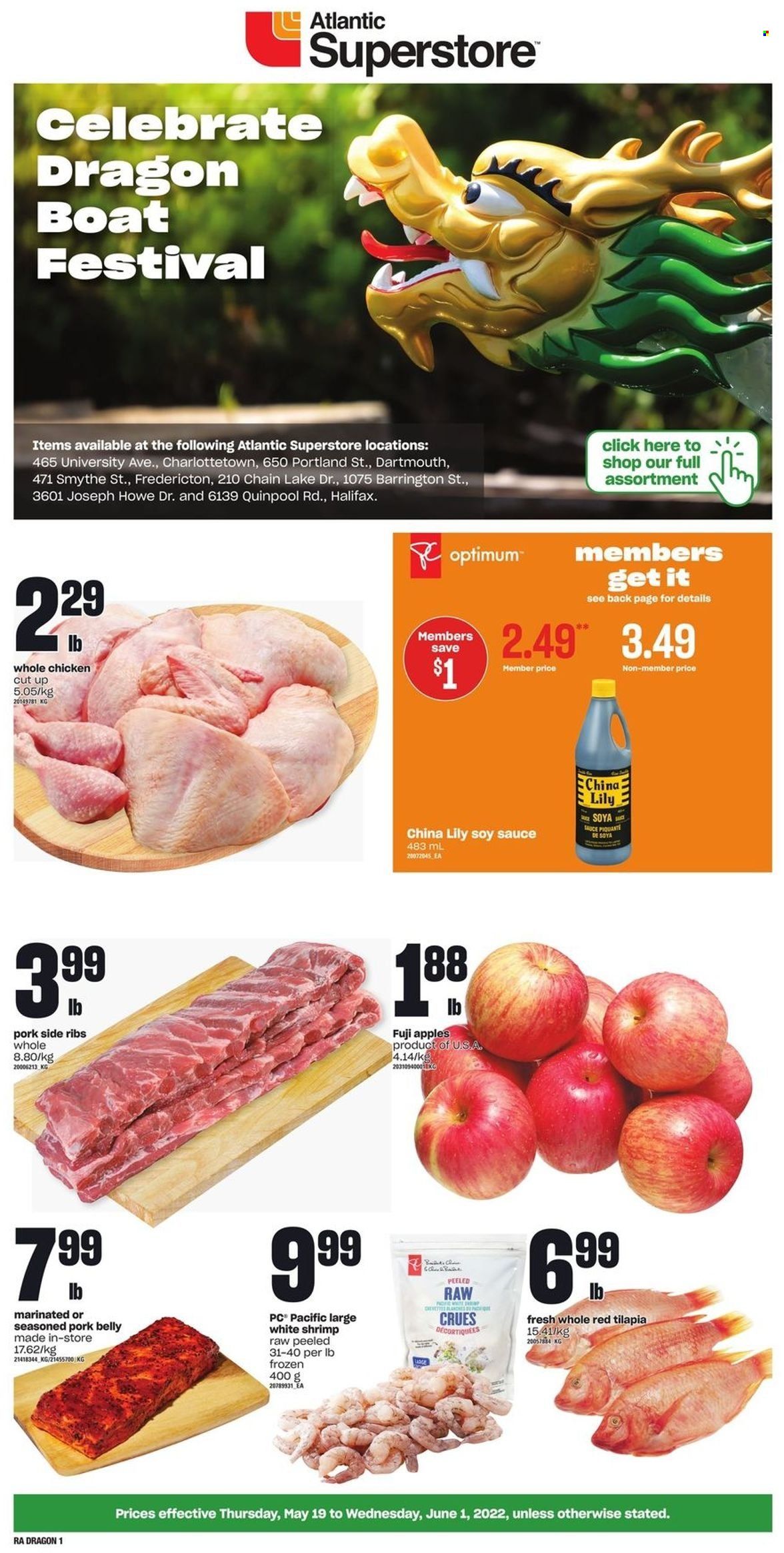 thumbnail - Atlantic Superstore Flyer - May 19, 2022 - June 01, 2022 - Sales products - apples, Fuji apple, tilapia, shrimps, sauce, soy sauce, whole chicken, chicken, pork belly, pork meat, Optimum. Page 1.