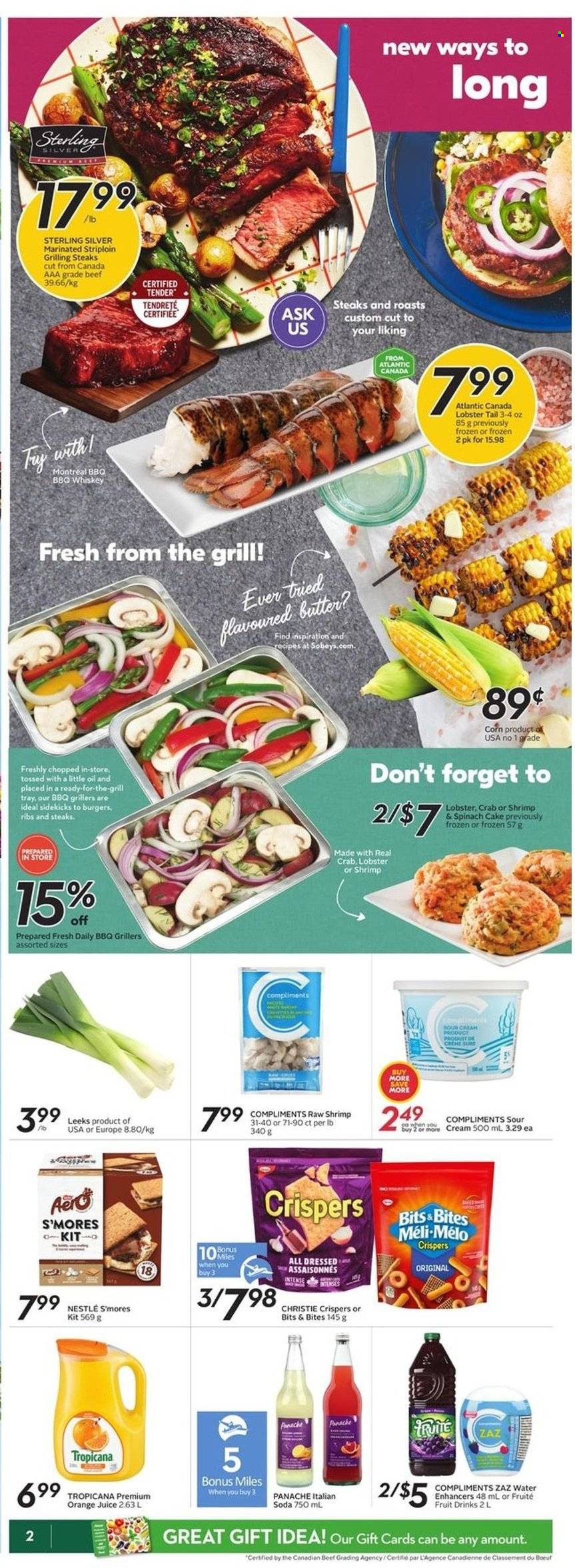 thumbnail - Sobeys Flyer - May 19, 2022 - May 25, 2022 - Sales products - cake, corn, lobster, crab, lobster tail, shrimps, hamburger, butter, orange juice, juice, soda, whiskey, whisky, Nestlé, steak. Page 2.