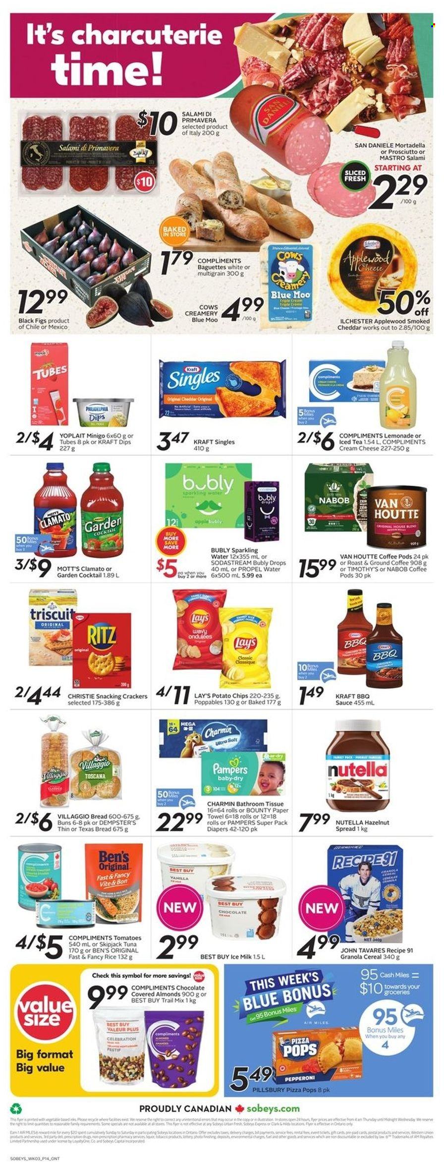thumbnail - Circulaire Sobeys - 19 Mai 2022 - 25 Mai 2022 - Produits soldés - baguette, mortadella, prosciutto, Yoplait, granola, chips, crackers, Lay’s, SodaStream, Nutella, Pampers. Page 4.