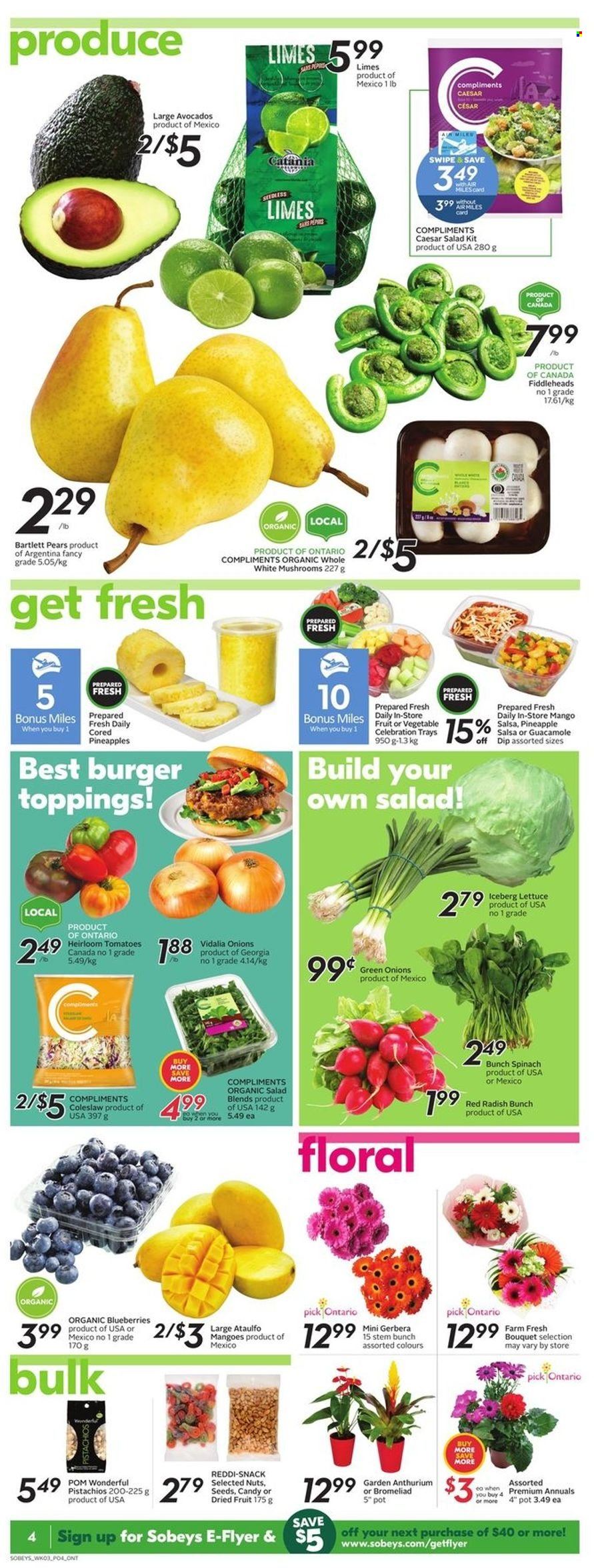thumbnail - Sobeys Flyer - May 19, 2022 - May 25, 2022 - Sales products - mushrooms, radishes, spinach, tomatoes, salad, green onion, Bartlett pears, blueberries, limes, pineapple, pears, coleslaw, guacamole, dip, snack, Celebration, salsa, dried fruit, pistachios. Page 5.
