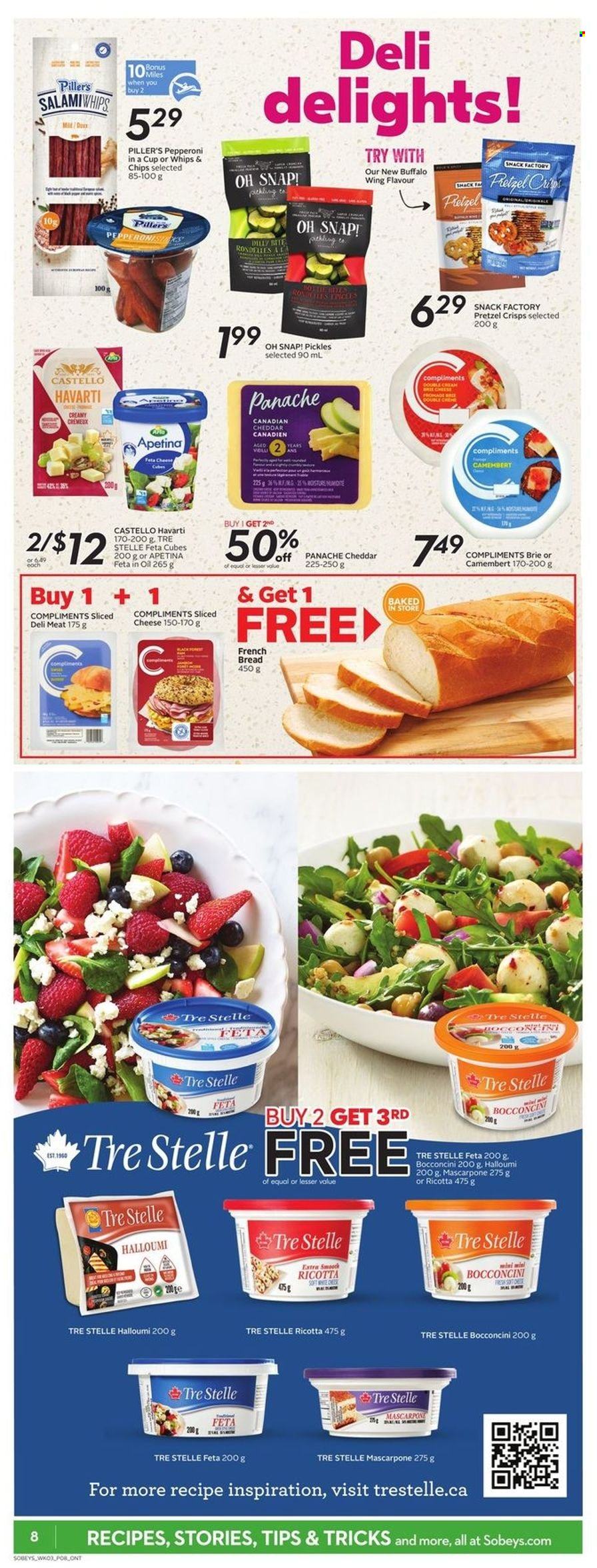 thumbnail - Sobeys Flyer - May 19, 2022 - May 25, 2022 - Sales products - bread, french bread, ham, sliced meat, pepperoni, bocconcini, camembert, mascarpone, ricotta, sliced cheese, halloumi, Havarti, cheese, brie, feta, grilling cheese, chips, pretzel crisps, crisps, pickles, pickled vegetables. Page 9.