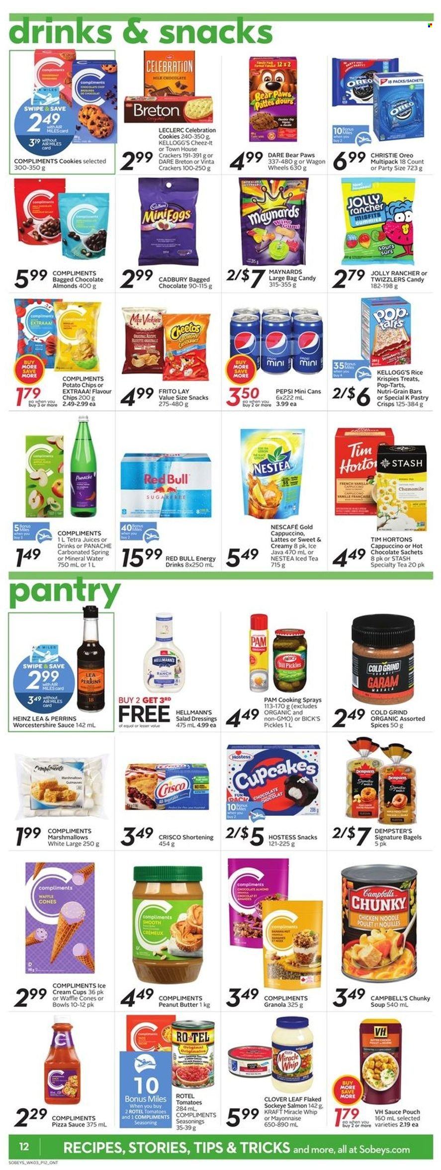 thumbnail - Sobeys Flyer - May 19, 2022 - May 25, 2022 - Sales products - cupcake, salmon, Campbell's, soup, sauce, noodles, Kraft®, Clover, mayonnaise, Miracle Whip, Hellmann’s, ice cream, cookies, marshmallows, milk chocolate, Celebration, crackers, Kellogg's, Cadbury, Pop-Tarts, Nutri-Grain bars, potato chips, Cheetos, chips, Cheez-It, Crisco, shortening, pickles, Rice Krispies, Nutri-Grain, dill, spice, salad dressing, worcestershire sauce, peanut butter, Pepsi, juice, energy drink, ice tea, Red Bull, mineral water, hot chocolate, cappuccino, Paws, granola, Heinz, Oreo, Nescafé. Page 13.