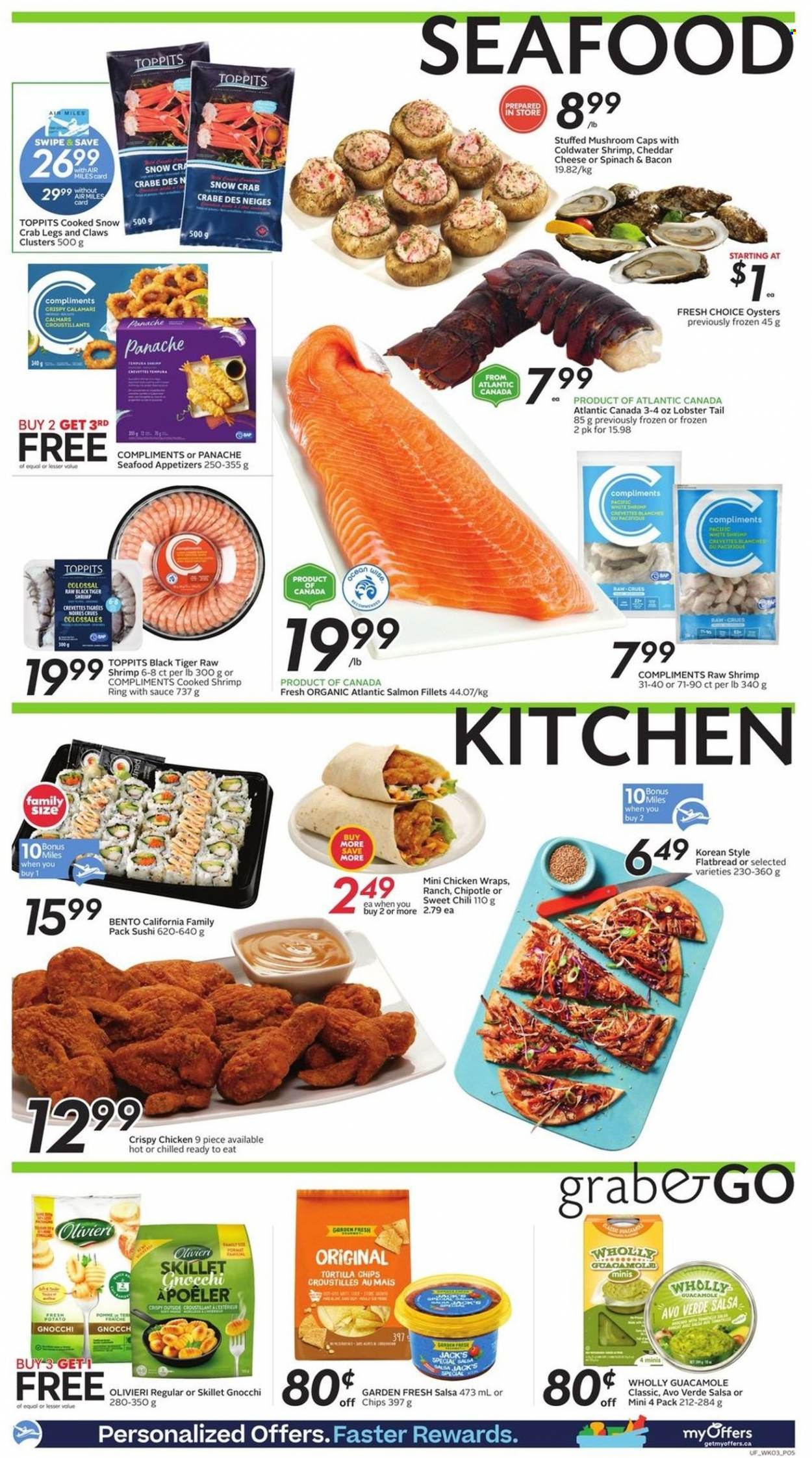 thumbnail - Sobeys Urban Fresh Flyer - May 19, 2022 - May 25, 2022 - Sales products - mushrooms, flatbread, wraps, calamari, lobster, salmon, salmon fillet, oysters, seafood, crab legs, crab, lobster tail, shrimps, bacon, guacamole, tortilla chips, salsa, gnocchi. Page 5.
