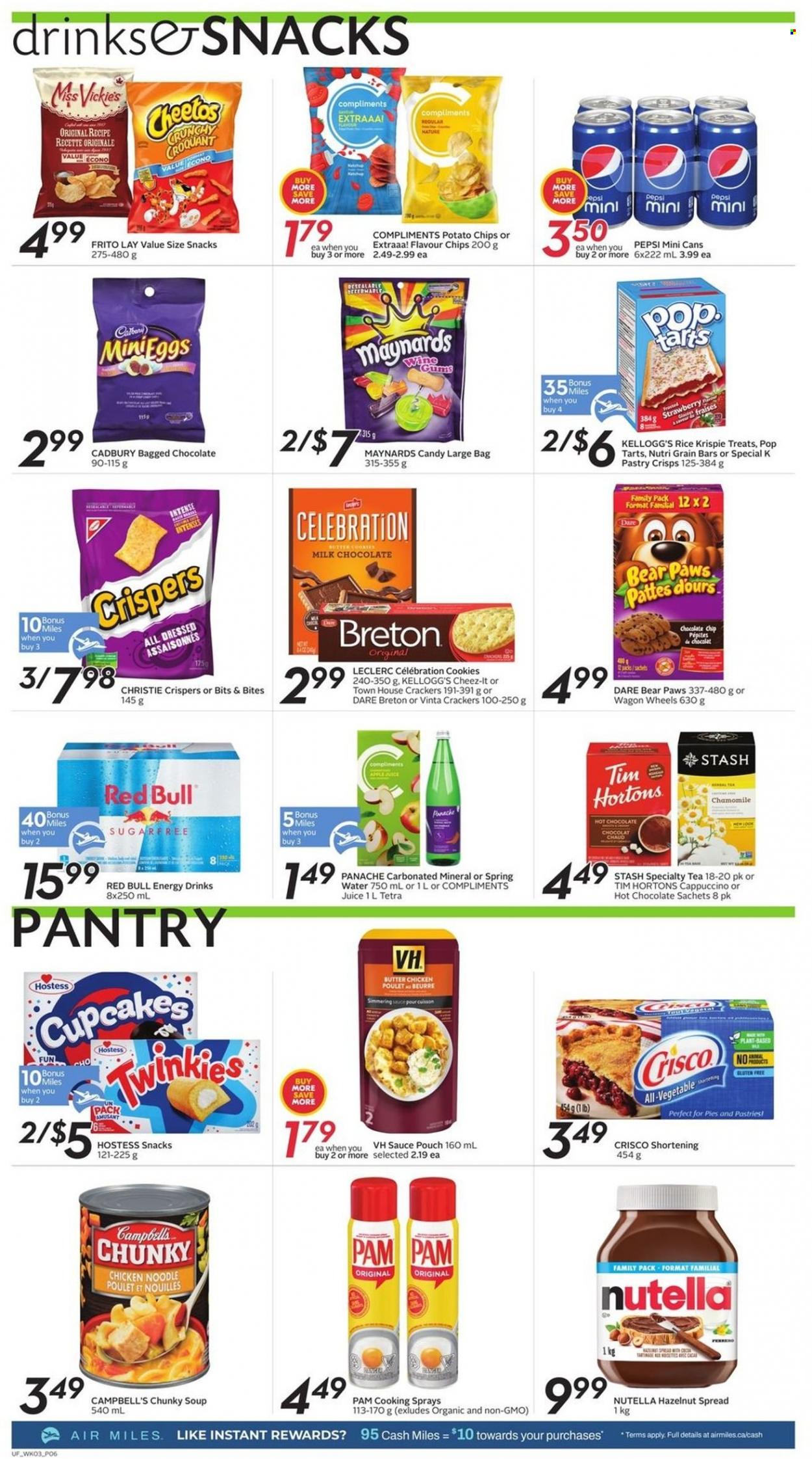 thumbnail - Sobeys Urban Fresh Flyer - May 19, 2022 - May 25, 2022 - Sales products - cupcake, Campbell's, soup, sauce, noodles, cookies, milk chocolate, snack, Celebration, crackers, Kellogg's, Cadbury, Pop-Tarts, potato chips, Cheetos, chips, Cheez-It, Crisco, shortening, Nutri-Grain, rice, hazelnut spread, Pepsi, juice, energy drink, Red Bull, spring water, hot chocolate, tea, cappuccino, Paws, Nutella. Page 6.