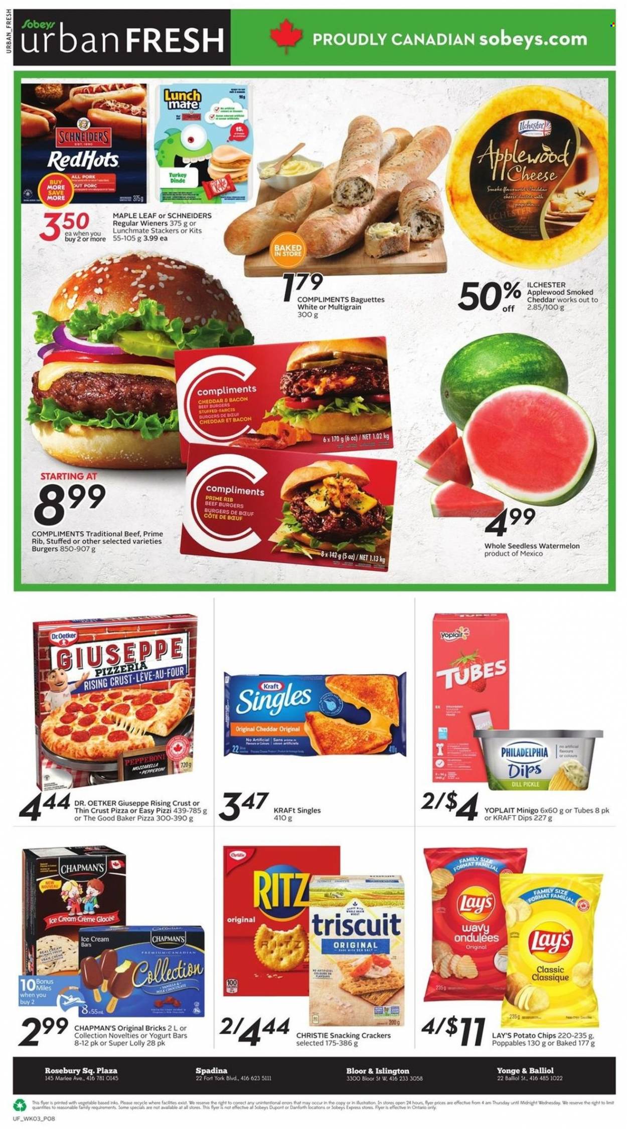 thumbnail - Sobeys Urban Fresh Flyer - May 19, 2022 - May 25, 2022 - Sales products - watermelon, pizza, hamburger, beef burger, Kraft®, bacon, pepperoni, sandwich slices, Dr. Oetker, Kraft Singles, Yoplait, milk, ice cream, ice cream bars, crackers, lollipop, RITZ, dill pickle, potato chips, chips, Lay’s, dill, baguette, Philadelphia. Page 8.