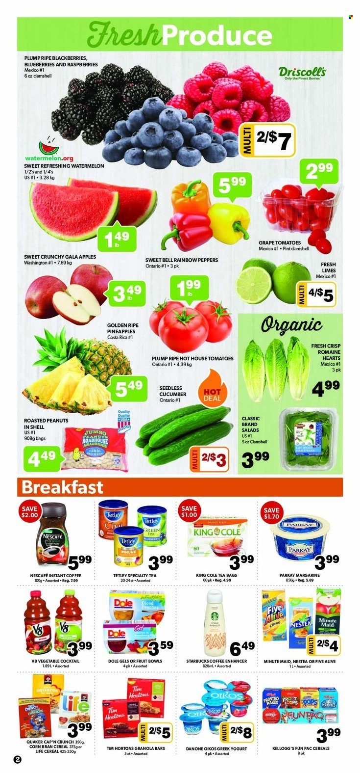 thumbnail - Colemans Flyer - May 19, 2022 - May 25, 2022 - Sales products - corn, tomatoes, Dole, peppers, apples, blackberries, blueberries, Gala, limes, watermelon, pineapple, peaches, Quaker, greek yoghurt, yoghurt, Oikos, margarine, Kellogg's, cereals, granola bar, Cap'n Crunch, roasted peanuts, peanuts, fruit punch, green tea, tea bags, instant coffee, Starbucks, Danone, Nescafé. Page 2.