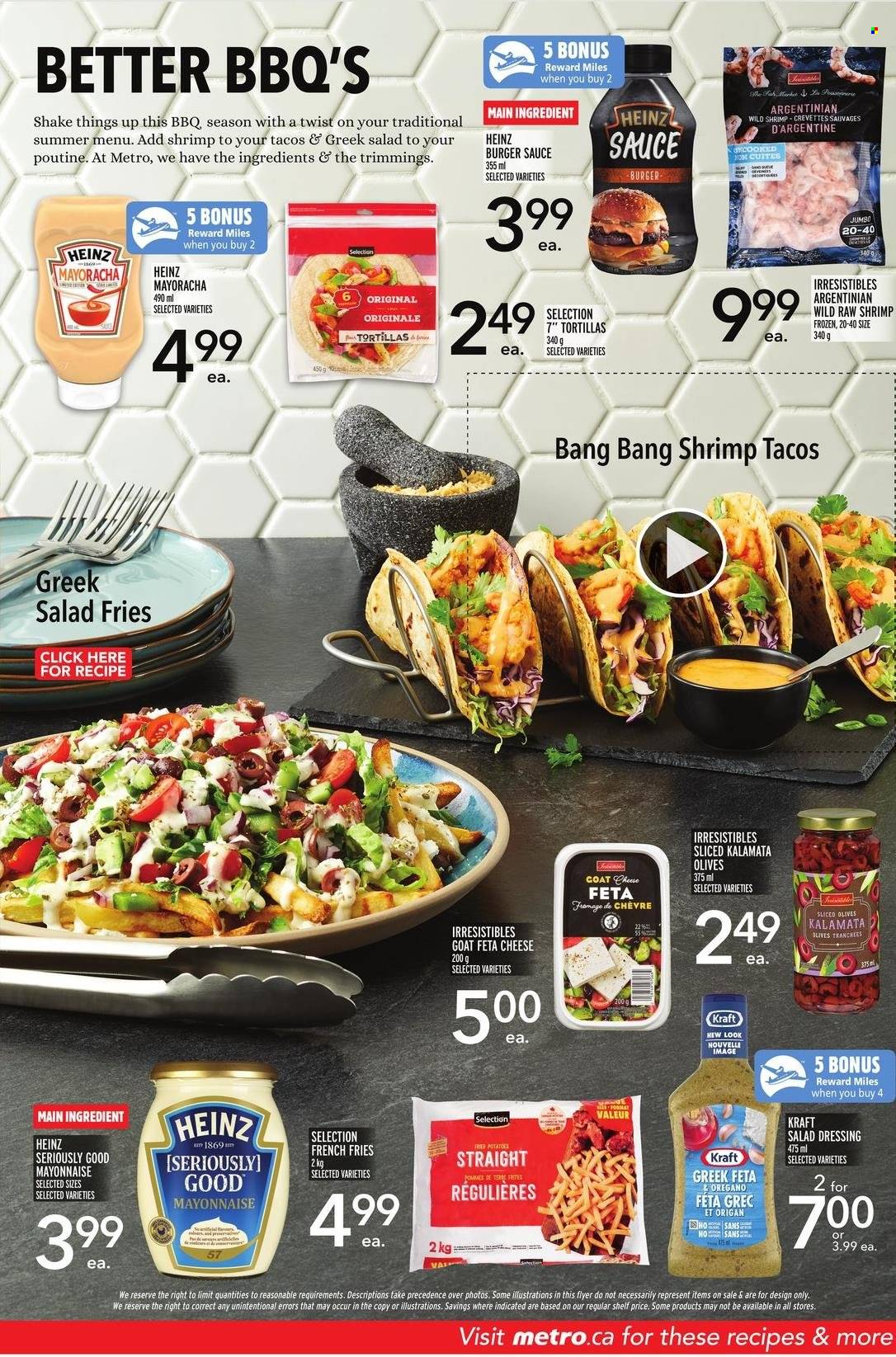 thumbnail - Metro Flyer - May 19, 2022 - June 01, 2022 - Sales products - tortillas, tacos, Kraft®, feta, shake, mayonnaise, potato fries, french fries, salad dressing, dressing, Heinz, olives. Page 3.