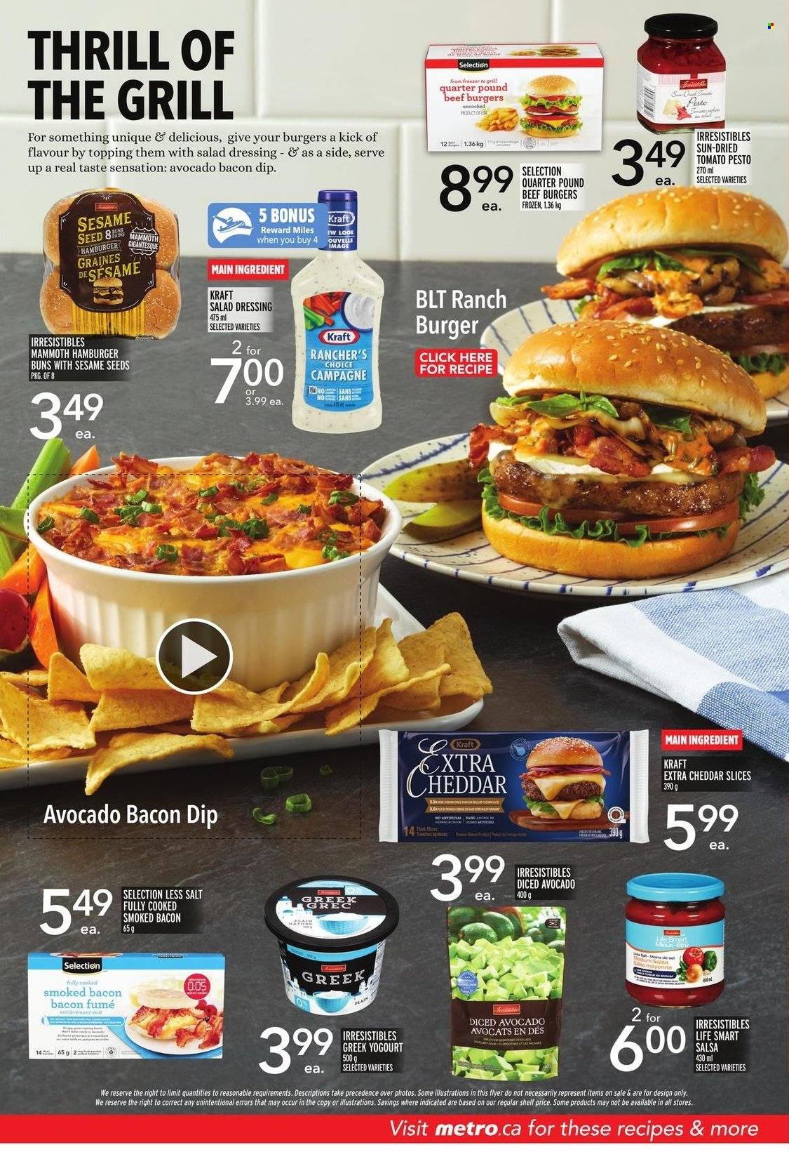 thumbnail - Metro Flyer - May 19, 2022 - June 01, 2022 - Sales products - buns, burger buns, avocado, beef burger, Kraft®, bacon, cheddar, sesame seed, salt, topping, salad dressing, dressing, salsa, pesto. Page 4.