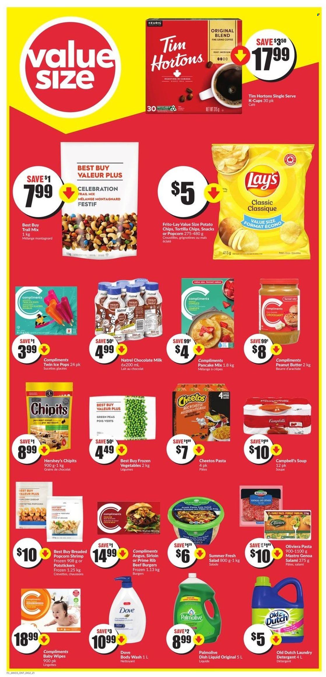 thumbnail - FreshCo. Flyer - May 19, 2022 - May 25, 2022 - Sales products - peas, salad, shrimps, Campbell's, soup, hamburger, pasta, pancakes, beef burger, salami, feta, milk, Hershey's, frozen vegetables, milk chocolate, chocolate, snack, Celebration, tortilla chips, potato chips, Cheetos, Lay’s, Frito-Lay, peanut butter, trail mix, coffee, coffee capsules, K-Cups, Keurig, detergent, Dove. Page 6.