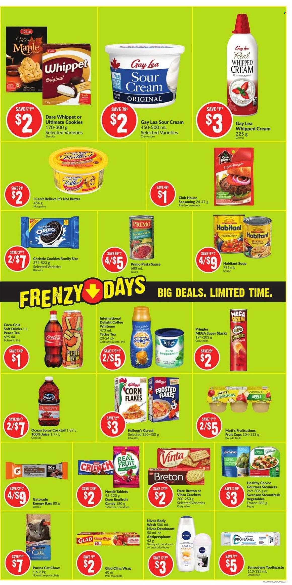 thumbnail - Chalo! FreshCo. Flyer - May 19, 2022 - May 25, 2022 - Sales products - fruit cup, Mott's, pasta sauce, soup, sauce, Healthy Choice, butter, margarine, I Can't Believe It's Not Butter, sour cream, whipped cream, cookies, crackers, Kellogg's, biscuit, Pringles, cereals, corn flakes, energy bar, Frosted Flakes, spice, Coca-Cola, juice, soft drink, Gatorade, tea, herbal tea, coffee, Nestlé, Oreo, Sensodyne, deodorant. Page 3.