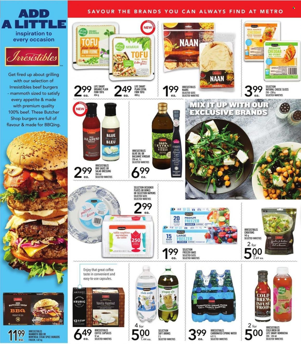 thumbnail - Metro Flyer - May 19, 2022 - June 15, 2022 - Sales products - jalapeño, hamburger, beef burger, sliced cheese, cheddar, tofu, butter, Fita, croutons, spice, BBQ sauce, salad dressing, dressing, balsamic vinegar, extra virgin olive oil, vinegar, olive oil, ginger ale, soft drink, Club Soda, spring water, kombucha, coffee, coffee capsules, K-Cups, Keurig, napkins, bag, plate, freezer bag, steak. Page 3.