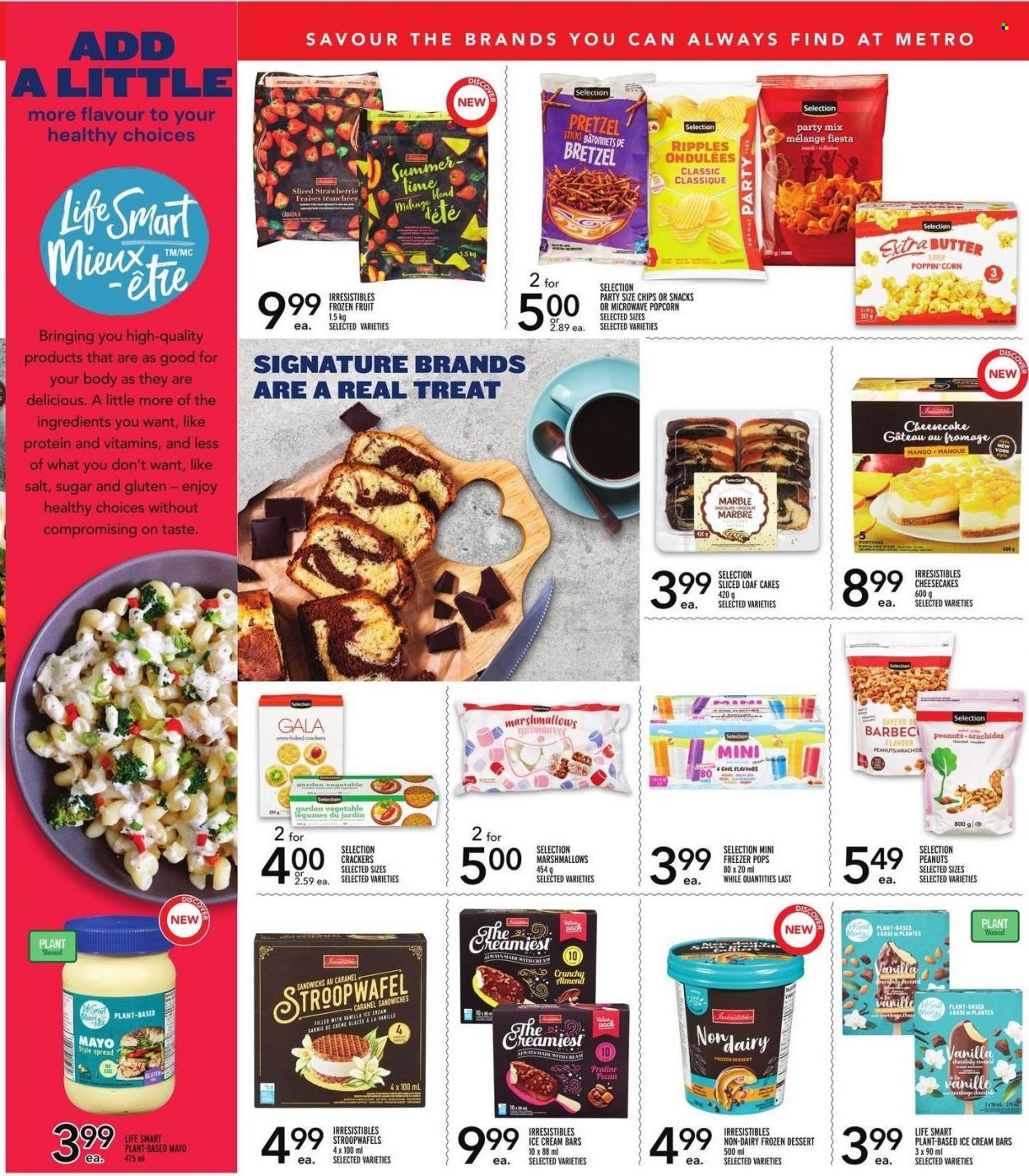 thumbnail - Metro Flyer - May 19, 2022 - June 15, 2022 - Sales products - pretzels, corn, Gala, sandwich, butter, mayonnaise, ice cream bars, marshmallows, crackers, popcorn, caramel, peanuts. Page 4.