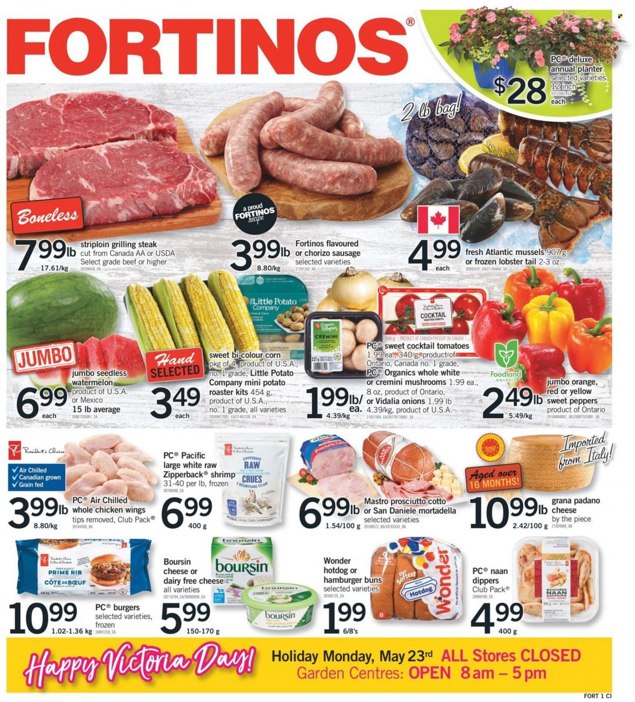 thumbnail - Fortinos Flyer - May 19, 2022 - May 25, 2022 - Sales products - mushrooms, hot dog rolls, buns, burger buns, corn, sweet peppers, peppers, watermelon, lobster, mussels, lobster tail, shrimps, hot dog, mortadella, prosciutto, sausage, Grana Padano, chicken wings, whole chicken, chicken, roaster, chorizo, steak. Page 1.