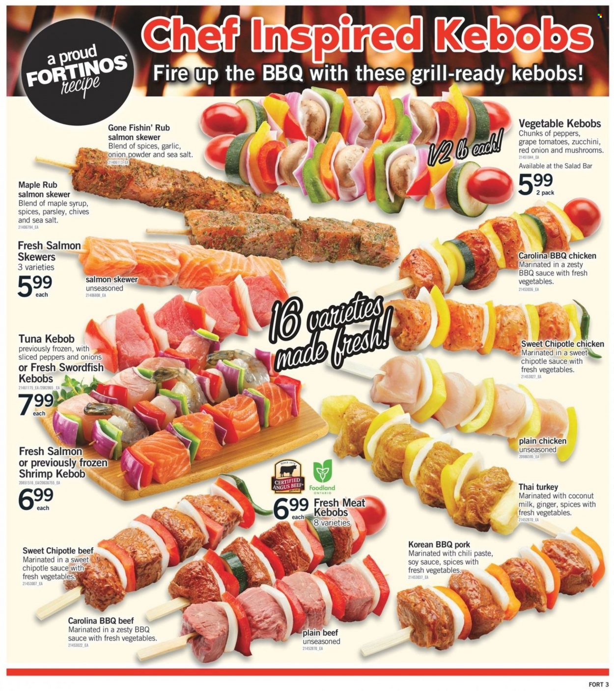 thumbnail - Fortinos Flyer - May 19, 2022 - May 25, 2022 - Sales products - garlic, ginger, zucchini, parsley, chives, salmon, swordfish, tuna, shrimps, milk, sea salt, onion powder, BBQ sauce, soy sauce, maple syrup, syrup, beef meat, grill. Page 4.