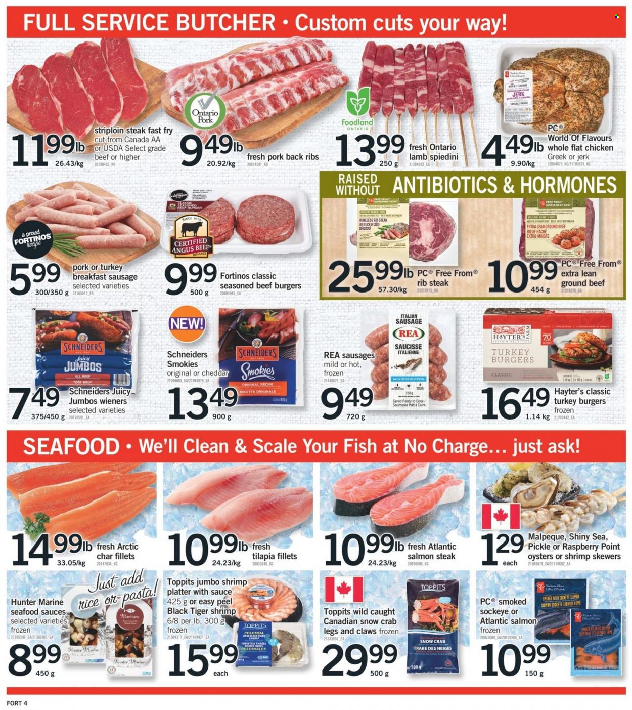 thumbnail - Fortinos Flyer - May 19, 2022 - May 25, 2022 - Sales products - scale, salmon, tilapia, oysters, seafood, crab, fish, shrimps, hamburger, pasta, beef burger, sausage, italian sausage, cheese, rice, beef meat, ground beef, striploin steak, turkey burger, pork meat, pork ribs, pork back ribs, Hunter, steak. Page 5.