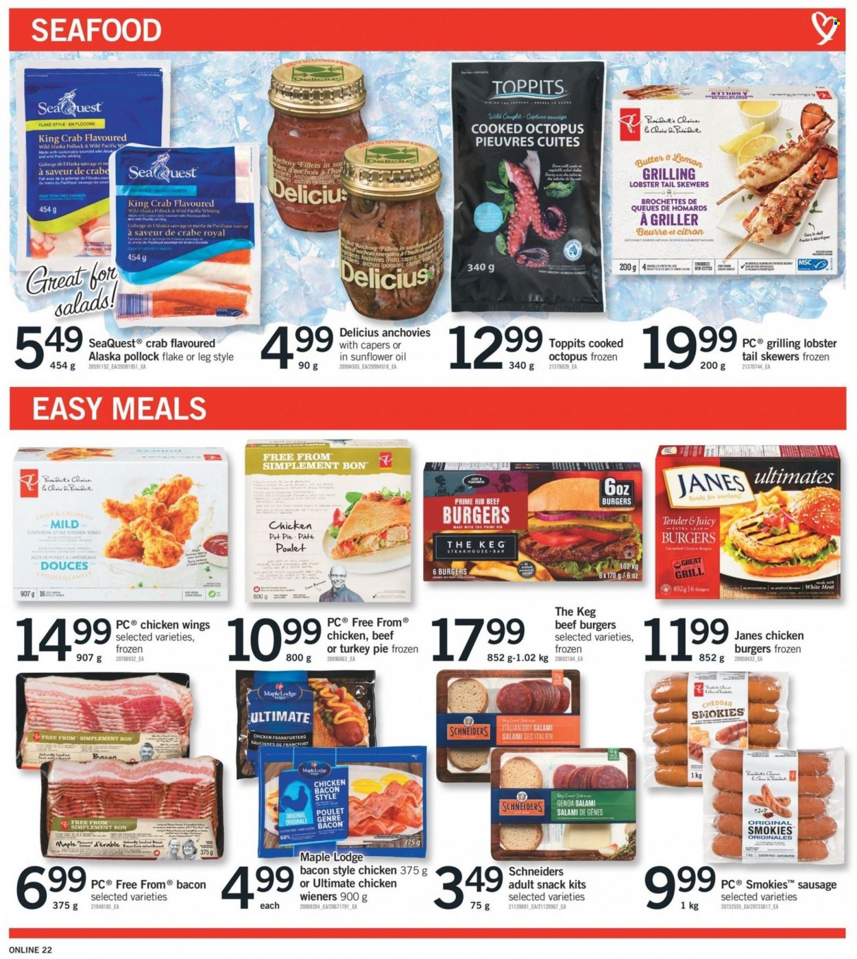 thumbnail - Fortinos Flyer - May 19, 2022 - May 25, 2022 - Sales products - pie, pot pie, lobster, king crab, pollock, octopus, seafood, crab, fish, lobster tail, whiting, hamburger, beef burger, bacon, salami, sausage, cheddar, cheese, butter, chicken wings, snack, anchovies, capers, pot, savage, grill. Page 12.