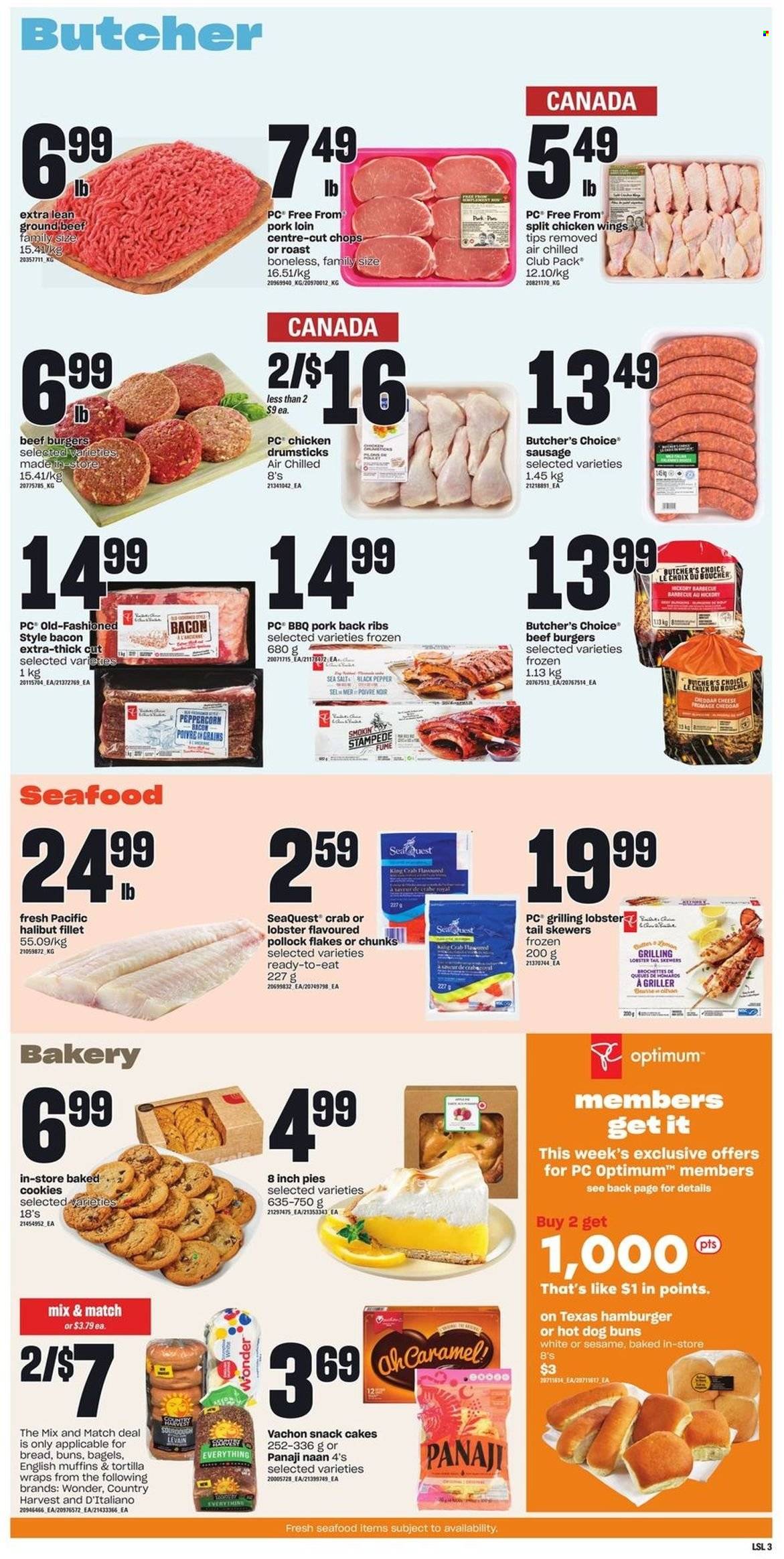 thumbnail - Loblaws Flyer - May 19, 2022 - May 25, 2022 - Sales products - bagels, english muffins, tortillas, cake, buns, wraps, lobster, halibut, pollock, seafood, crab, lobster tail, beef burger, bacon, sausage, cheddar, cheese, Country Harvest, chicken wings, cookies, snack, sea salt, black pepper, chicken drumsticks, chicken, beef meat, ground beef, pork loin, pork meat, pork ribs, pork back ribs, Optimum. Page 4.