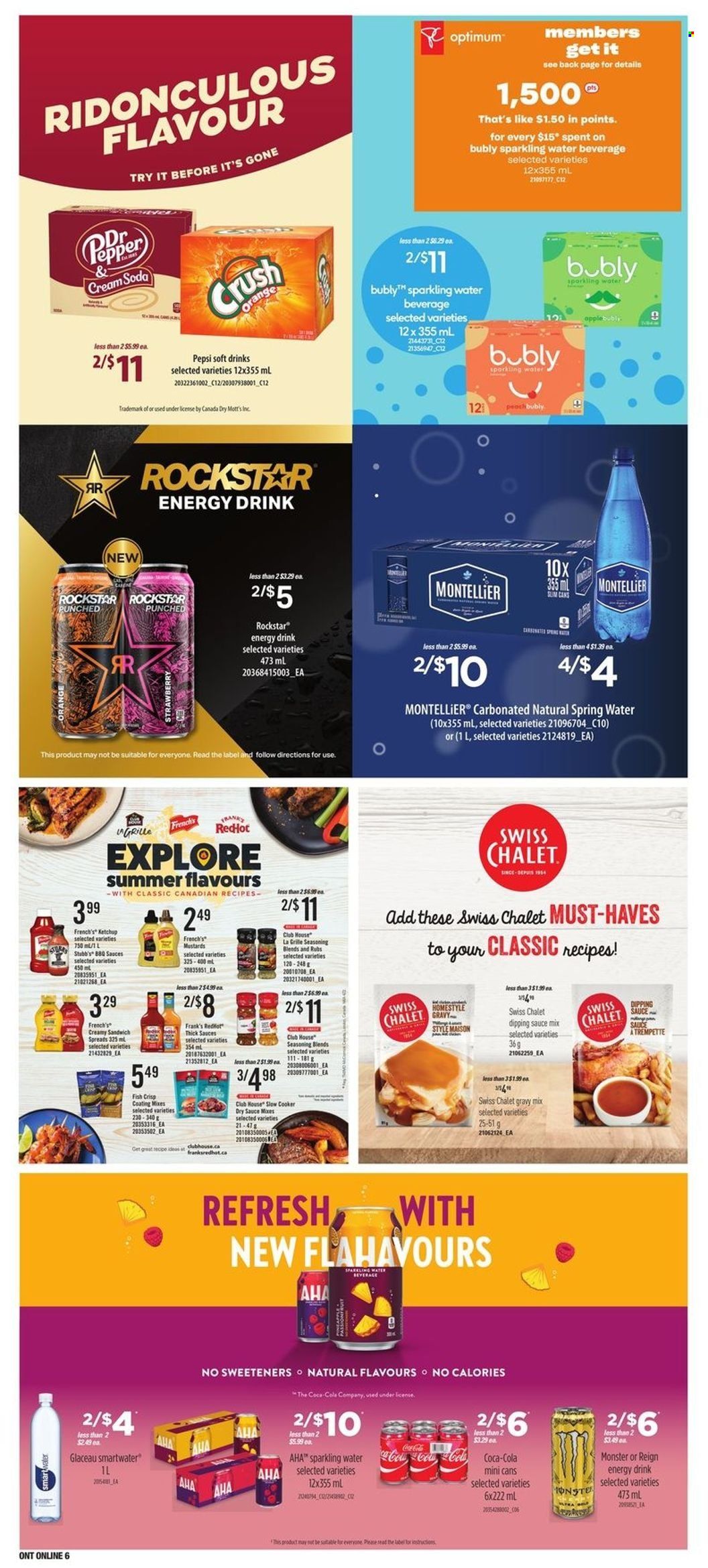 thumbnail - Loblaws Flyer - May 19, 2022 - May 25, 2022 - Sales products - Mott's, fish, sandwich, gravy mix, pepper, spice, Canada Dry, Coca-Cola, Pepsi, energy drink, Monster, soft drink, Rockstar, spring water, sparkling water, Smartwater, Optimum, ketchup, oranges. Page 13.