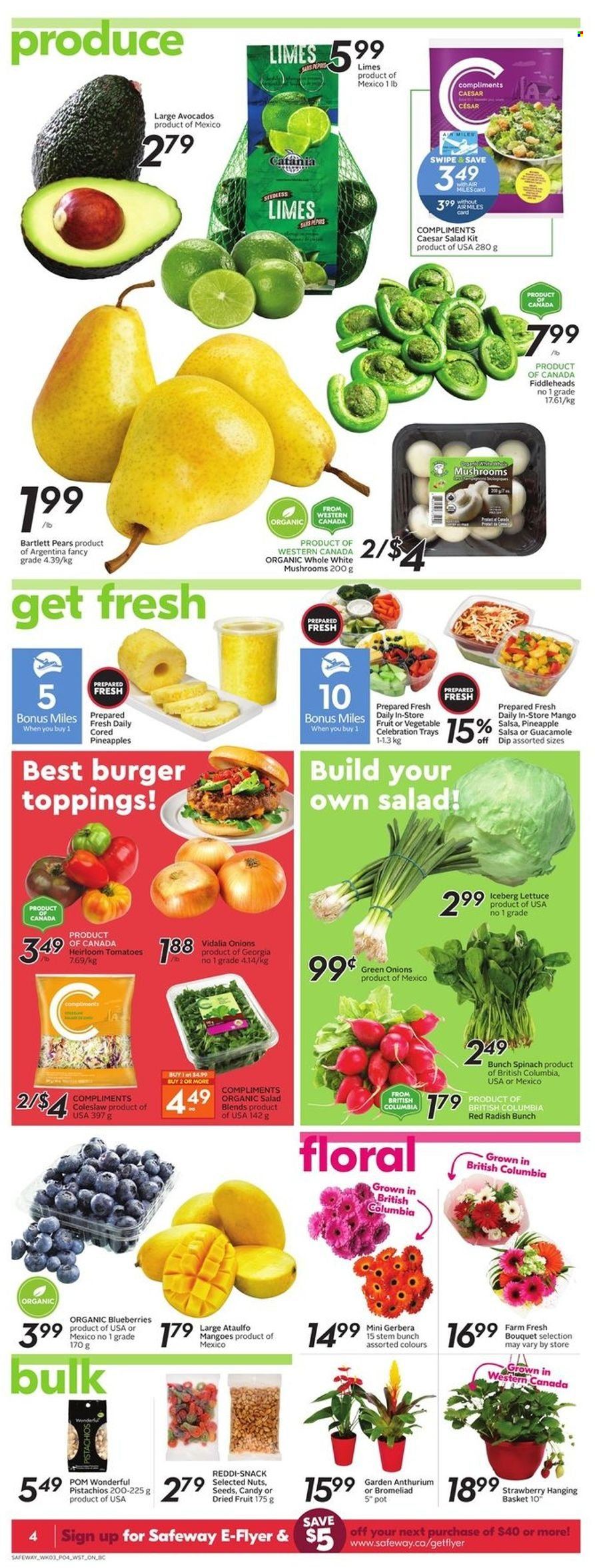 thumbnail - Safeway Flyer - May 19, 2022 - May 25, 2022 - Sales products - mushrooms, radishes, spinach, tomatoes, salad, green onion, Bartlett pears, blueberries, limes, pineapple, pears, coleslaw, guacamole, dip, snack, Celebration, salsa, dried fruit, pistachios, pot, bouquet, gerbera. Page 5.