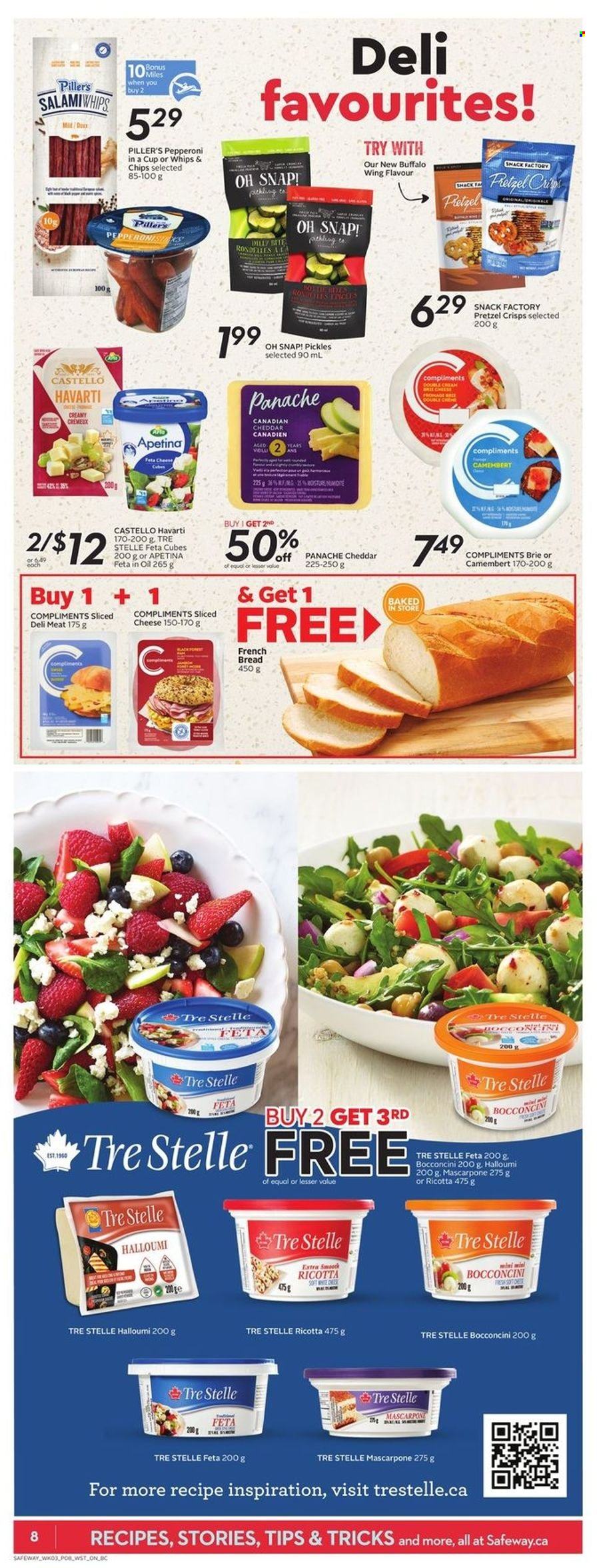 thumbnail - Safeway Flyer - May 19, 2022 - May 25, 2022 - Sales products - bread, french bread, ham, sliced meat, pepperoni, bocconcini, camembert, mascarpone, ricotta, sliced cheese, halloumi, Havarti, cheese, brie, feta, grilling cheese, chips, pretzel crisps, crisps, pickles, pickled vegetables. Page 9.