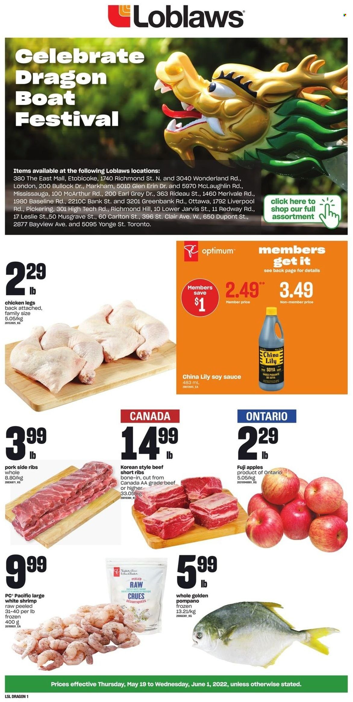 thumbnail - Loblaws Flyer - May 19, 2022 - June 01, 2022 - Sales products - pompano, shrimps, sauce, soy sauce, chicken legs, chicken, beef ribs, Optimum. Page 1.