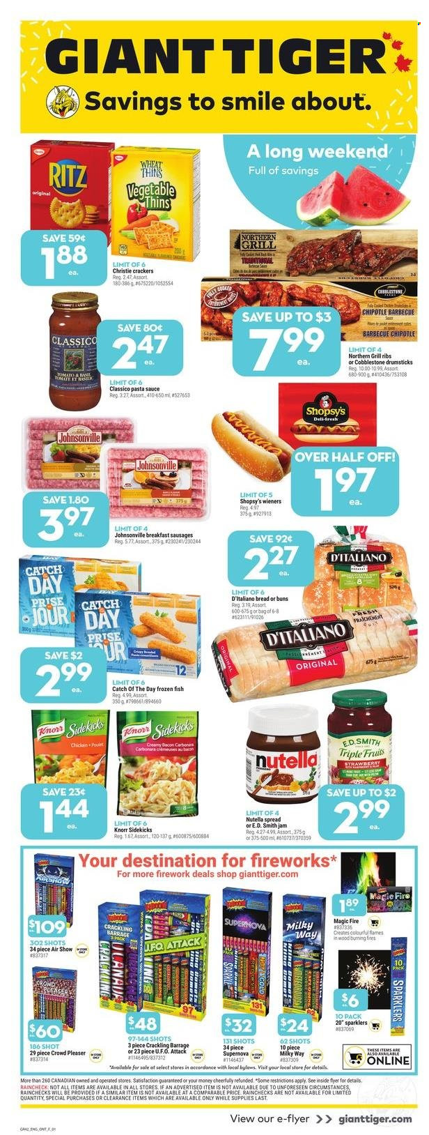 thumbnail - Giant Tiger Flyer - May 18, 2022 - May 24, 2022 - Sales products - bread, buns, fish, pasta sauce, sauce, bacon, Johnsonville, sausage, Milky Way, crackers, RITZ, Thins, Classico, fruit jam, fireworks, Nutella, Knorr. Page 1.