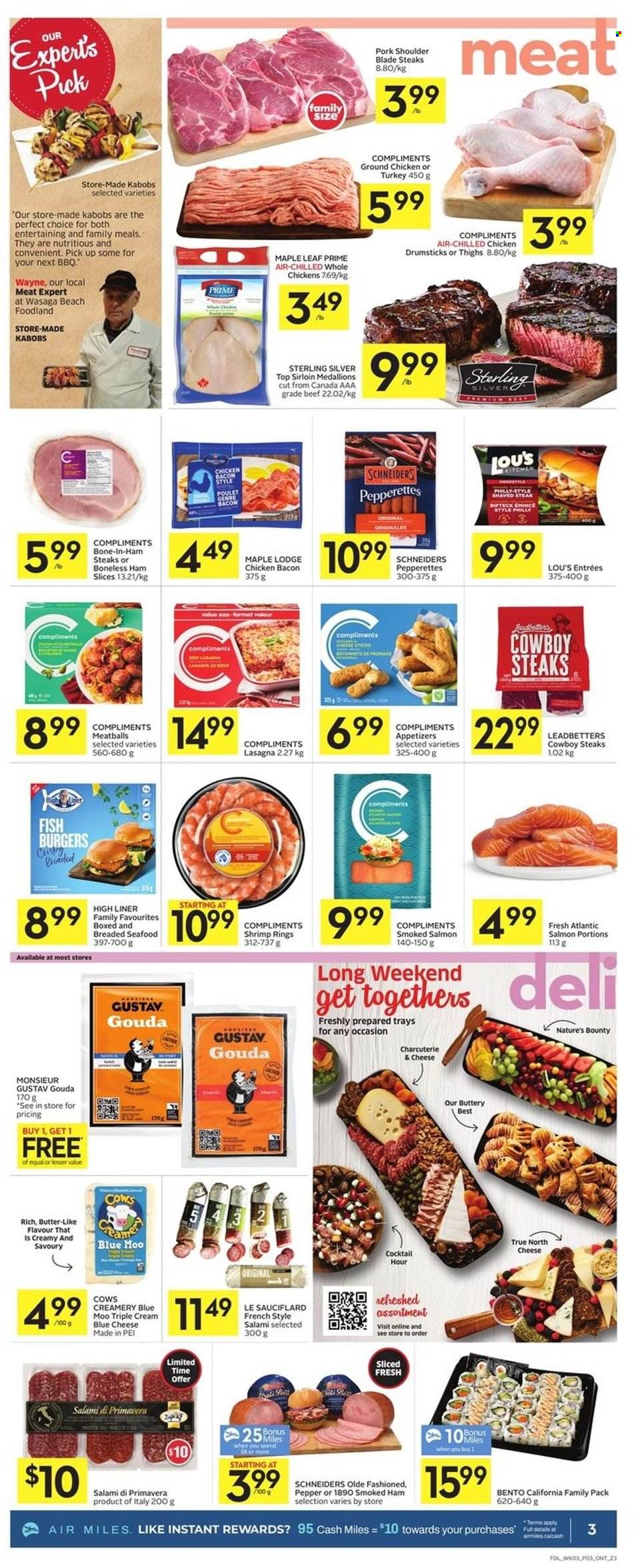 thumbnail - Foodland Flyer - May 19, 2022 - May 25, 2022 - Sales products - salmon, smoked salmon, seafood, fish, shrimps, meatballs, hamburger, lasagna meal, bacon, salami, ham, smoked ham, ham steaks, blue cheese, gouda, butter, ground chicken, whole chicken, chicken drumsticks, chicken, pork meat, pork shoulder, Nature's Bounty, steak. Page 3.