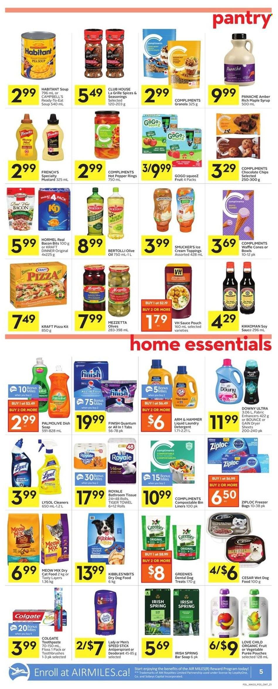 thumbnail - Foodland Flyer - May 19, 2022 - May 25, 2022 - Sales products - Campbell's, pizza, soup, sauce, Kraft®, Bertolli, Hormel, bacon bits, ice cream, ARM & HAMMER, mustard, soy sauce, Kikkoman, olive oil, oil, maple syrup, honey, syrup, baby food pouch, detergent, Colgate, granola, olives, deodorant. Page 5.