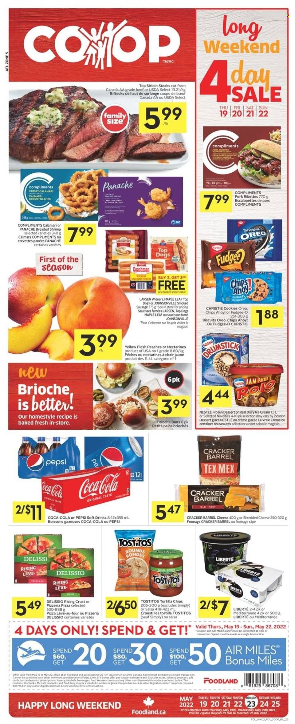 thumbnail - Co-op Flyer - May 19, 2022 - May 25, 2022 - Sales products - buns, brioche, nectarines, coconut, peaches, calamari, shrimps, pizza, Johnsonville, sausage, smoked sausage, shredded cheese, ice cream, cookies, fudge, crackers, biscuit, Chips Ahoy!, tortilla chips, Tostitos, salsa, fruit jam, Coca-Cola, Pepsi, soft drink, Starbucks, McCafe, sirloin steak, Nestlé, Oreo, steak. Page 1.