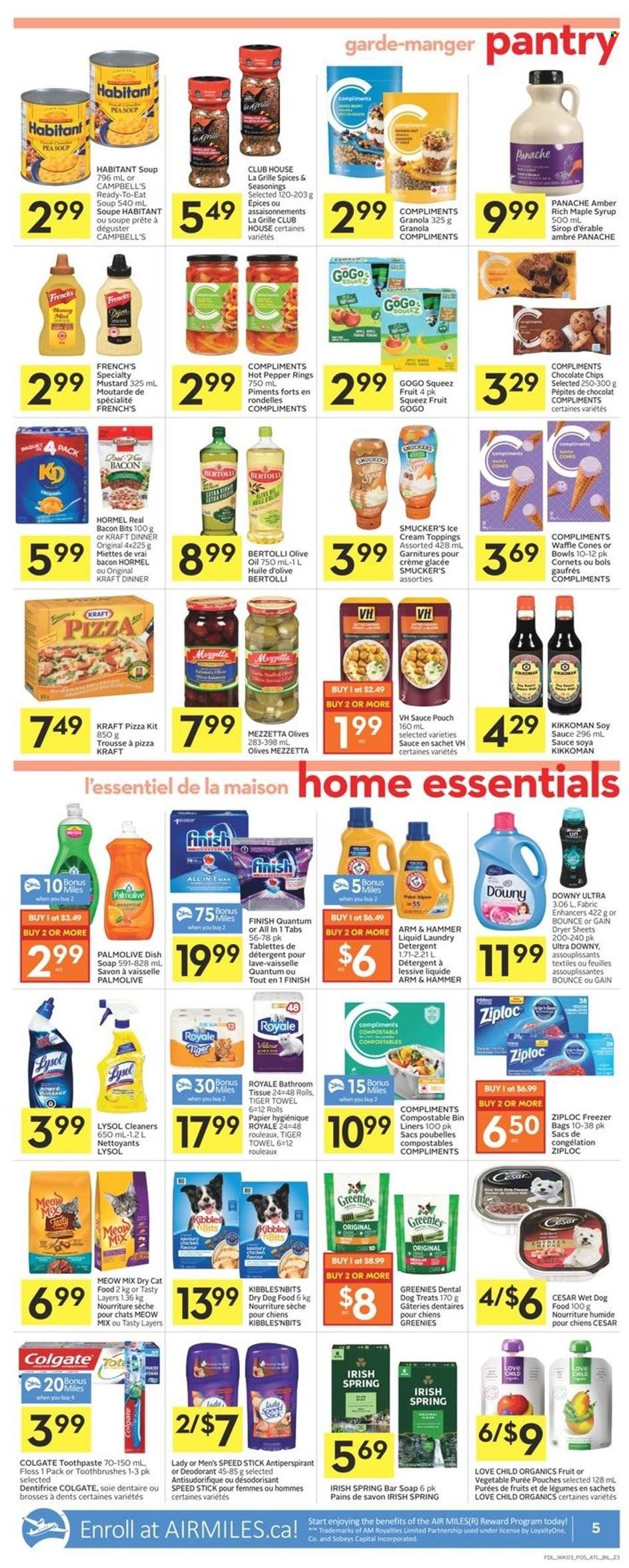 thumbnail - Co-op Flyer - May 19, 2022 - May 25, 2022 - Sales products - Campbell's, pizza, soup, sauce, Kraft®, Bertolli, Hormel, bacon bits, ice cream, ARM & HAMMER, mustard, soy sauce, Kikkoman, olive oil, oil, maple syrup, syrup, baby food pouch, detergent, Colgate, granola, olives, deodorant. Page 5.