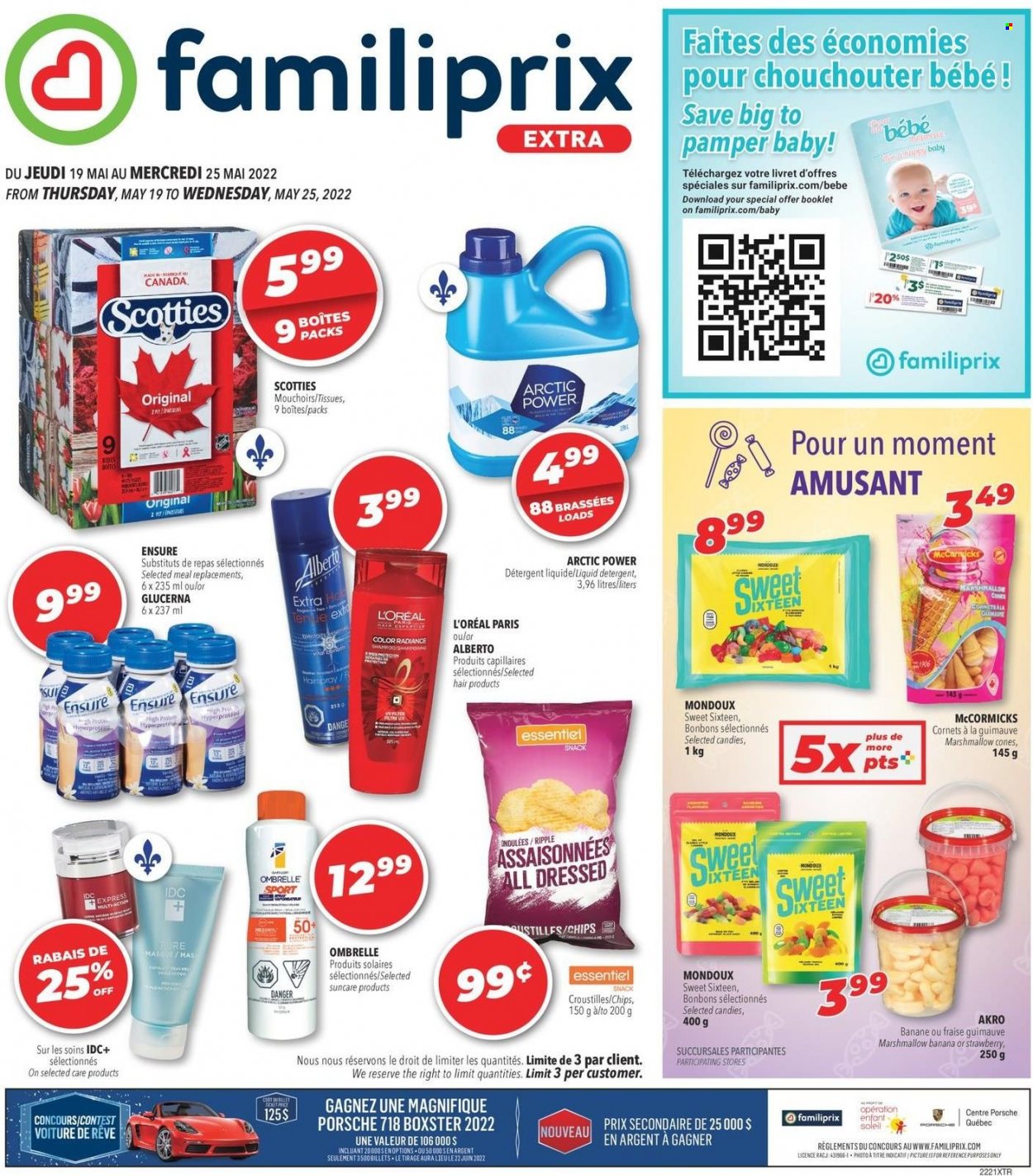 thumbnail - Circulaire Familiprix Extra - 19 Mai 2022 - 25 Mai 2022 - Produits soldés - bonbons, chips, bananes, mouchoirs, détergent, shampooing, L'Oréal. Page 1.