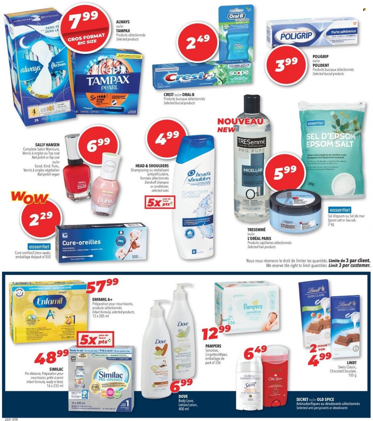 thumbnail - Circulaire Familiprix Extra - 19 Mai 2022 - 25 Mai 2022 - Produits soldés - menthe, lingettes, Dove, shampooing, Always, L'Oréal, Head & Shoulders, Tampax, Old Spice, Oral-b, Pampers, Sally Hansen, Lindt. Page 6.