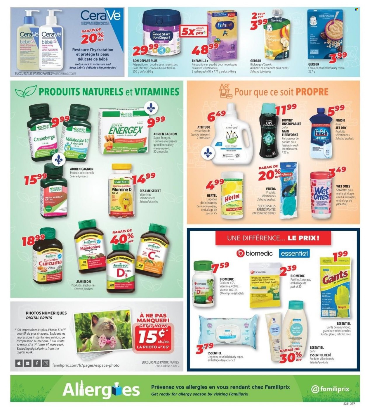 thumbnail - Familiprix Extra Flyer - May 19, 2022 - May 25, 2022 - Sales products - pastilles, Sesame Street, Gerber, cereals, herbs, wipes, Gain, Unstopables, laundry detergent, Gain Fireworks, Jet, CeraVe, body lotion, eau de parfum, gloves, calcium, detergent, shampoo. Page 7.