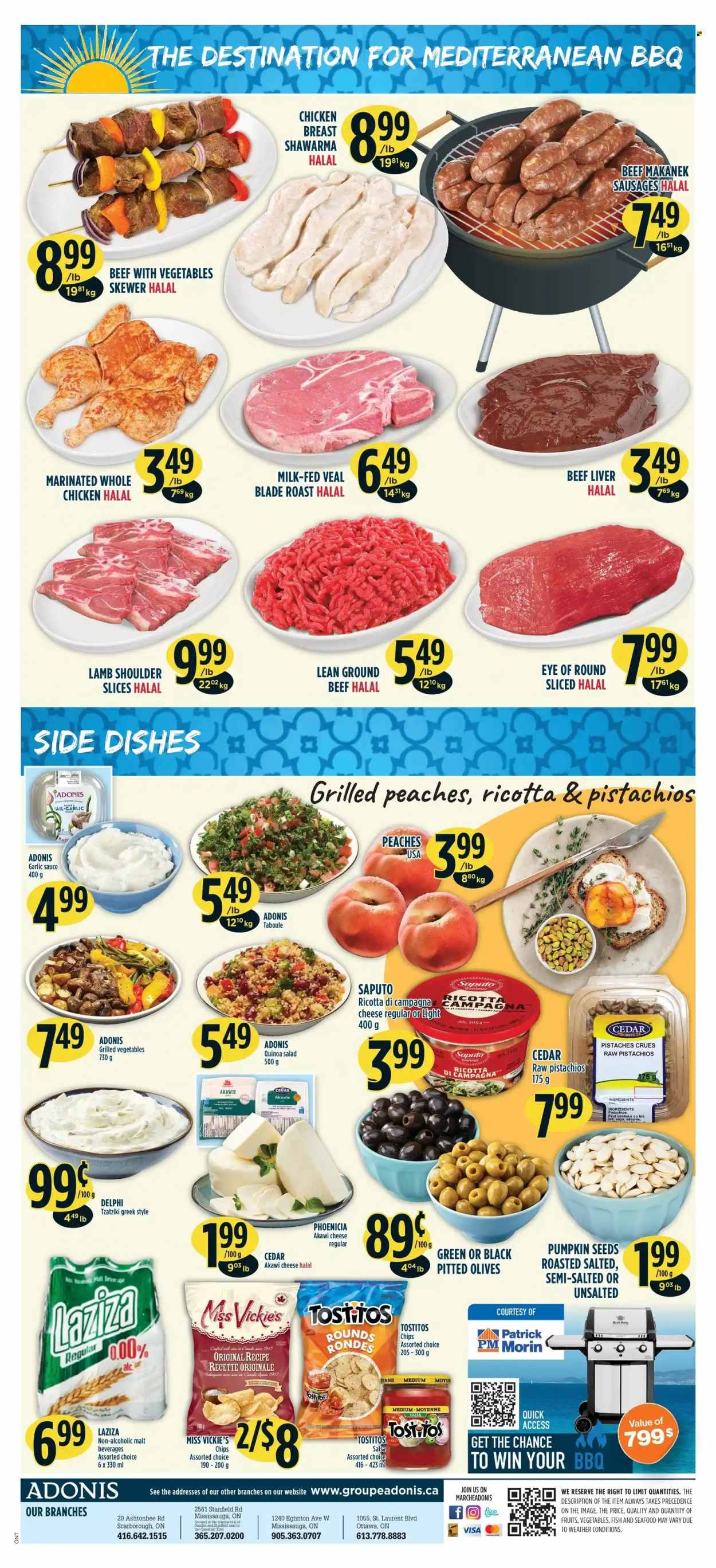 thumbnail - Adonis Flyer - May 19, 2022 - May 25, 2022 - Sales products - peaches, seafood, sausage, tzatziki, cheese, milk, chips, Tostitos, malt, salsa, garlic sauce, pistachios, pumpkin seeds, whole chicken, chicken breasts, chicken, beef liver, beef meat, ground beef, eye of round, lamb meat, lamb shoulder, quinoa, ricotta, olives. Page 2.