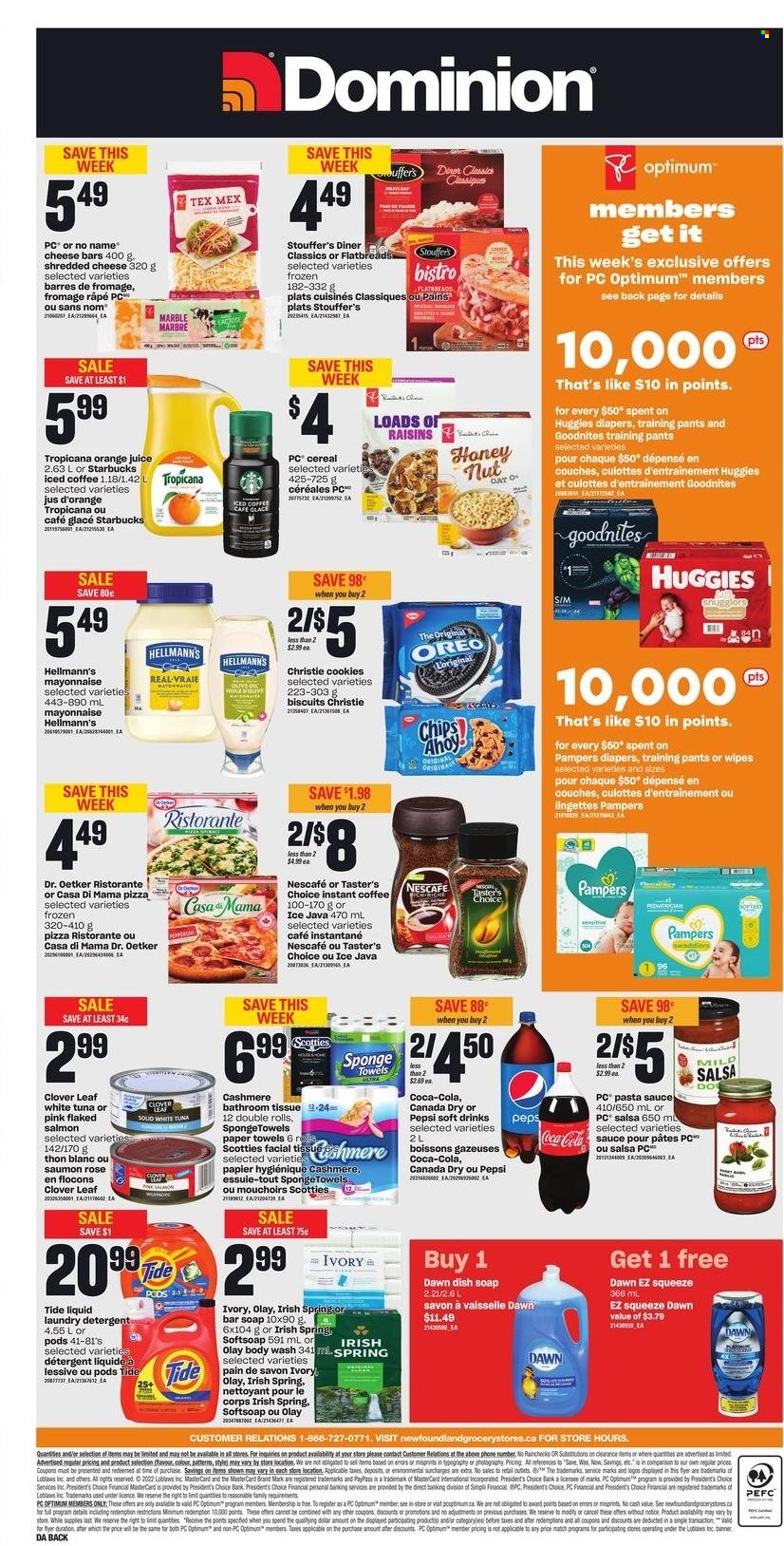 thumbnail - Dominion Flyer - May 19, 2022 - May 25, 2022 - Sales products - salmon, tuna, No Name, pizza, pasta sauce, sauce, shredded cheese, Dr. Oetker, Président, Clover, mayonnaise, Hellmann’s, Stouffer's, cookies, biscuit, oats, cereals, salsa, Canada Dry, Coca-Cola, Pepsi, orange juice, juice, soft drink, iced coffee, instant coffee, Starbucks, rosé wine, wipes, pants, nappies, baby pants, bath tissue, kitchen towels, paper towels, Tide, laundry detergent, body wash, Softsoap, soap bar, soap, Olay, sponge, Optimum, phone, rose, detergent, Huggies, Pampers, Oreo, Nescafé. Page 2.