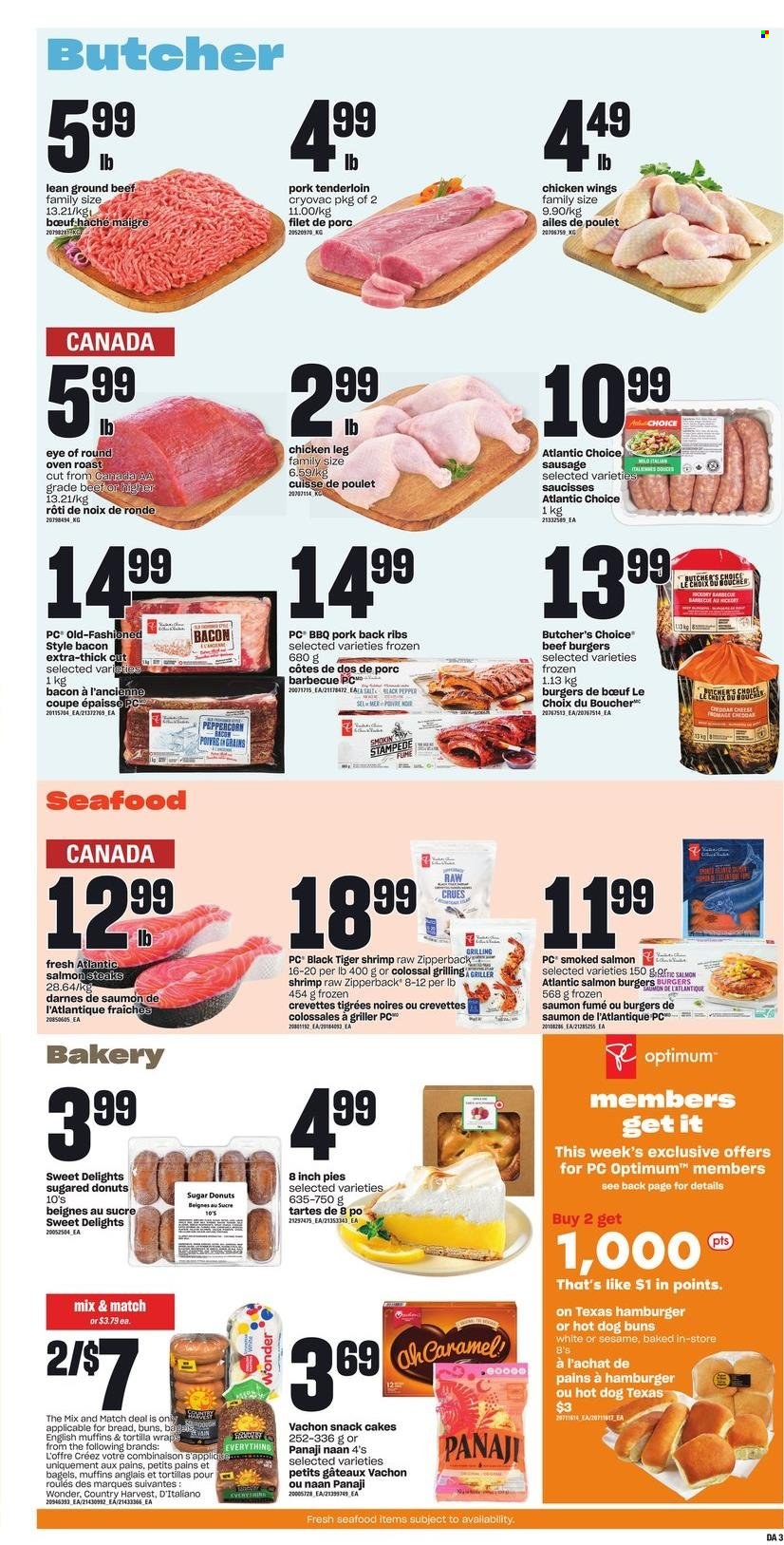 thumbnail - Dominion Flyer - May 19, 2022 - May 25, 2022 - Sales products - bagels, english muffins, tortillas, cake, buns, donut, salmon, smoked salmon, seafood, shrimps, beef burger, bacon, sausage, cheese, Country Harvest, chicken wings, snack, sugar, pepper, chicken legs, beef meat, ground beef, eye of round, pork meat, pork ribs, pork tenderloin, pork back ribs, Optimum, steak. Page 4.