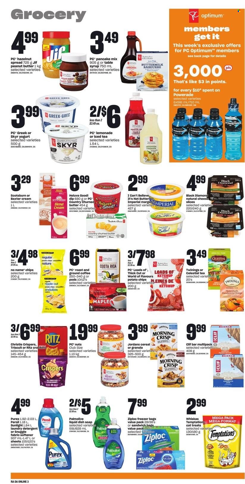 thumbnail - Dominion Flyer - May 19, 2022 - May 25, 2022 - Sales products - mandarines, No Name, pancakes, cheese, yoghurt, buttermilk, dip, crackers, RITZ, potato chips, chips, cereals, peanut butter, syrup, hazelnut spread, Jif, lemonade, Powerade, ice tea, Twinings, coffee, ground coffee, Snuggle, Persil, fabric softener, laundry detergent, Sunlight, Purex, Palmolive, soap, bag, Ziploc, freezer bag, N All, pen, Optimum, table, detergent, granola, ketchup, Whiskas. Page 7.