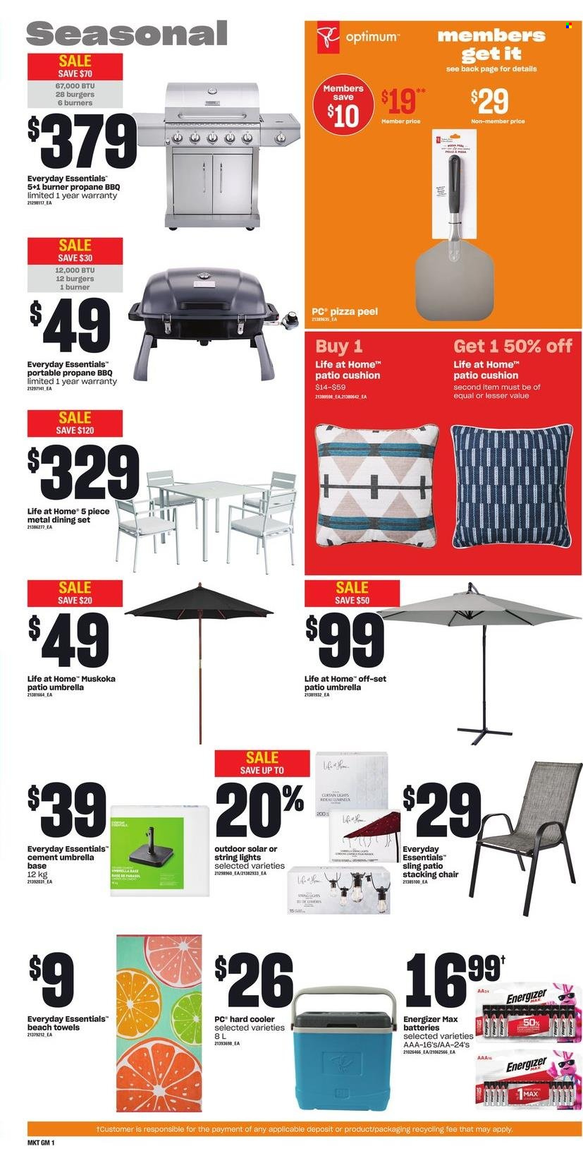 thumbnail - Dominion Flyer - May 19, 2022 - May 25, 2022 - Sales products - pizza, hamburger, cushion, beach towel, Optimum, dining set, chair, string lights, umbrella, Energizer. Page 9.