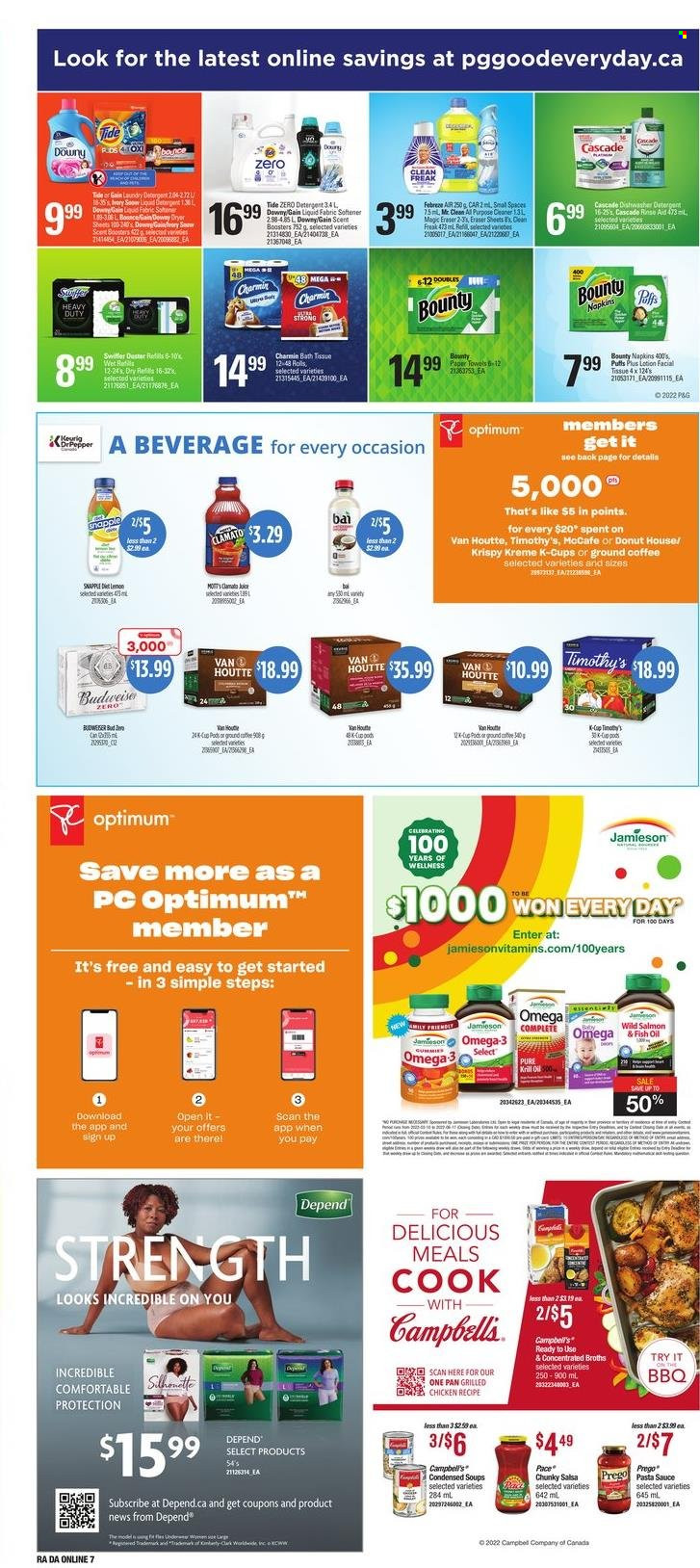 thumbnail - Dominion Flyer - May 19, 2022 - May 25, 2022 - Sales products - salmon, Campbell's, pasta sauce, sauce, Bounty, salsa, oil, Clamato, coffee, ground coffee, coffee capsules, K-Cups, napkins, tissues, kitchen towels, paper towels, Charmin, Gain, Swiffer, Tide, liquid detergent, Cascade, dryer sheets, scent booster, pan, eraser, Optimum, fish oil, Omega-3, detergent, deodorant. Page 13.