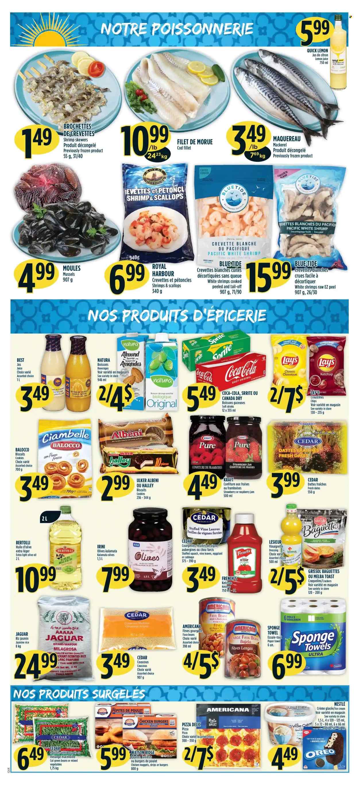 thumbnail - Adonis Flyer - May 19, 2022 - May 25, 2022 - Sales products - cabbage, fava beans, green beans, eggplant, fresh dates, cod, mackerel, mussels, scallops, shrimps, pizza, nuggets, chicken nuggets, Kraft®, Bertolli, ice cream, mixed vegetables, strips, cookies, crackers, biscuit, Lay’s, strawberry jam, rice, jasmine rice, vinaigrette dressing, dressing, olive oil, oil, raspberry jam, fruit jam, Canada Dry, Coca-Cola, Sprite, soft drink, lemon juice, paper towels, Tide, baguette, couscous, Nestlé, ketchup, olives, Oreo. Page 4.