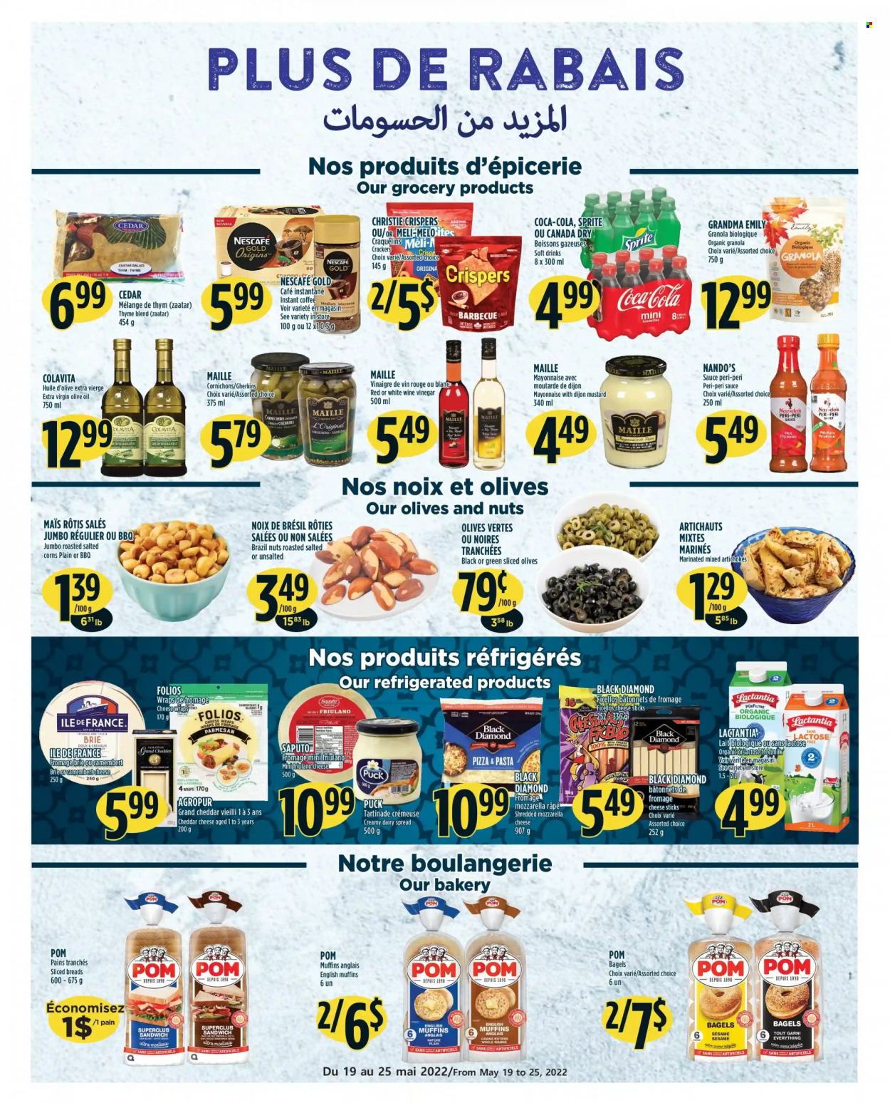 thumbnail - Adonis Flyer - May 19, 2022 - May 25, 2022 - Sales products - bagels, english muffins, wraps, artichoke, pizza, sandwich, pasta, sauce, cheddar, parmesan, brie, Puck, mayonnaise, cheese sticks, crackers, mustard, peri peri sauce, extra virgin olive oil, vinegar, wine vinegar, olive oil, oil, brazil nuts, Canada Dry, Coca-Cola, Sprite, soft drink, instant coffee, sake, camembert, granola, olives, Nescafé. Page 7.