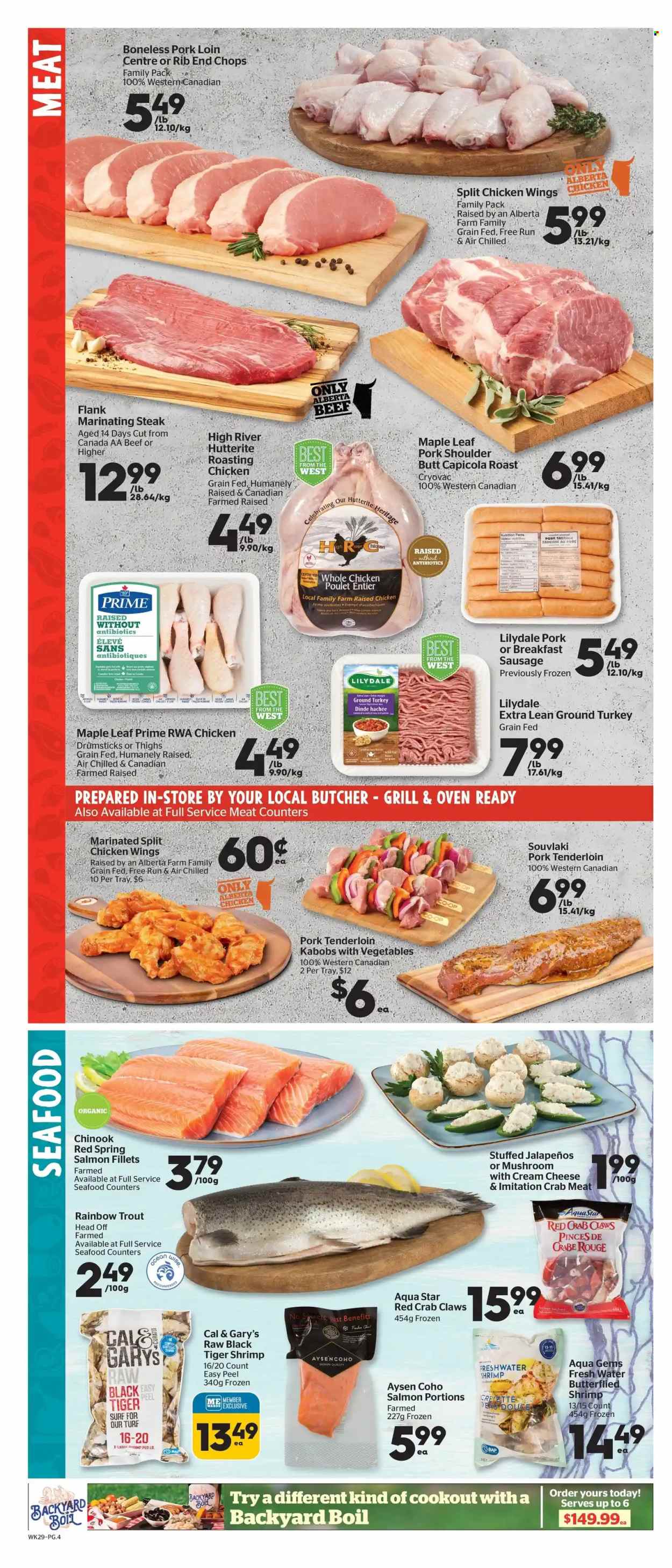 thumbnail - Calgary Co-op Flyer - May 19, 2022 - May 25, 2022 - Sales products - crab meat, salmon, salmon fillet, trout, seafood, crab, shrimps, chicken roast, sausage, chicken wings, ground turkey, whole chicken, chicken drumsticks, chicken, turkey, pork loin, pork meat, pork shoulder, pork tenderloin, Surf, steak. Page 4.