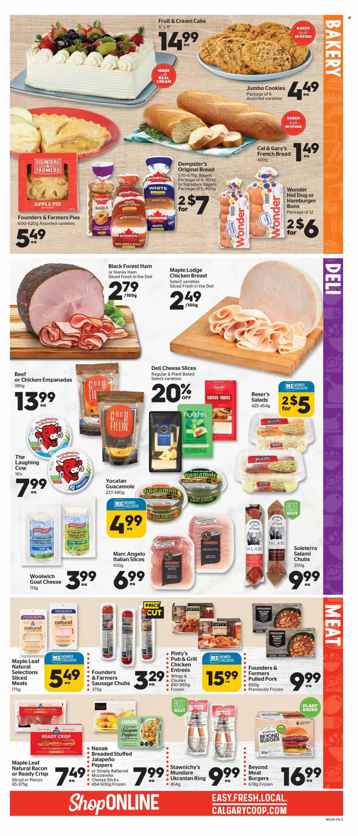thumbnail - Calgary Co-op Flyer - May 19, 2022 - May 25, 2022 - Sales products - bagels, bread, hot dog rolls, cake, pie, buns, burger buns, french bread, apple pie, salad, jalapeño, pulled pork, empanadas, ready meal, bacon, salami, ham, prosciutto, chicken breasts, sliced meat, sausage, guacamole, antipasti, goat cheese, mozzarella, sliced cheese, cheddar, The Laughing Cow, cheese sticks, cookies. Page 5.