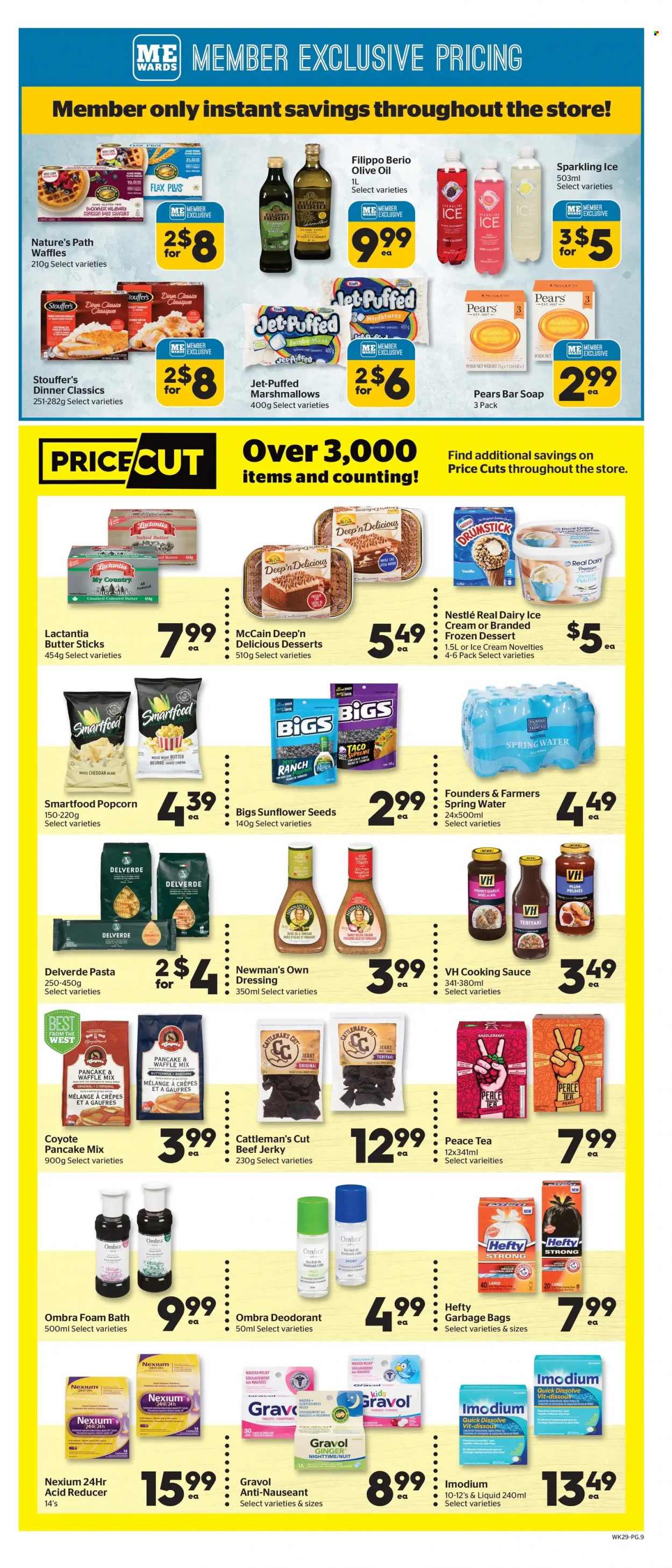 thumbnail - Calgary Co-op Flyer - May 19, 2022 - May 25, 2022 - Sales products - waffles, garlic, ginger, pears, pasta, sauce, pancakes, Kraft®, beef jerky, jerky, cheddar, buttermilk, salted butter, ice cream, Stouffer's, McCain, marshmallows, Smartfood, popcorn, buckwheat, dressing, vinegar, olive oil, oil, honey, prunes, dried fruit, sunflower seeds, spring water, tea, Jet, bath foam, soap bar, soap, anti-perspirant, Hefty, Nexium, Nestlé, Imodium, deodorant. Page 12.