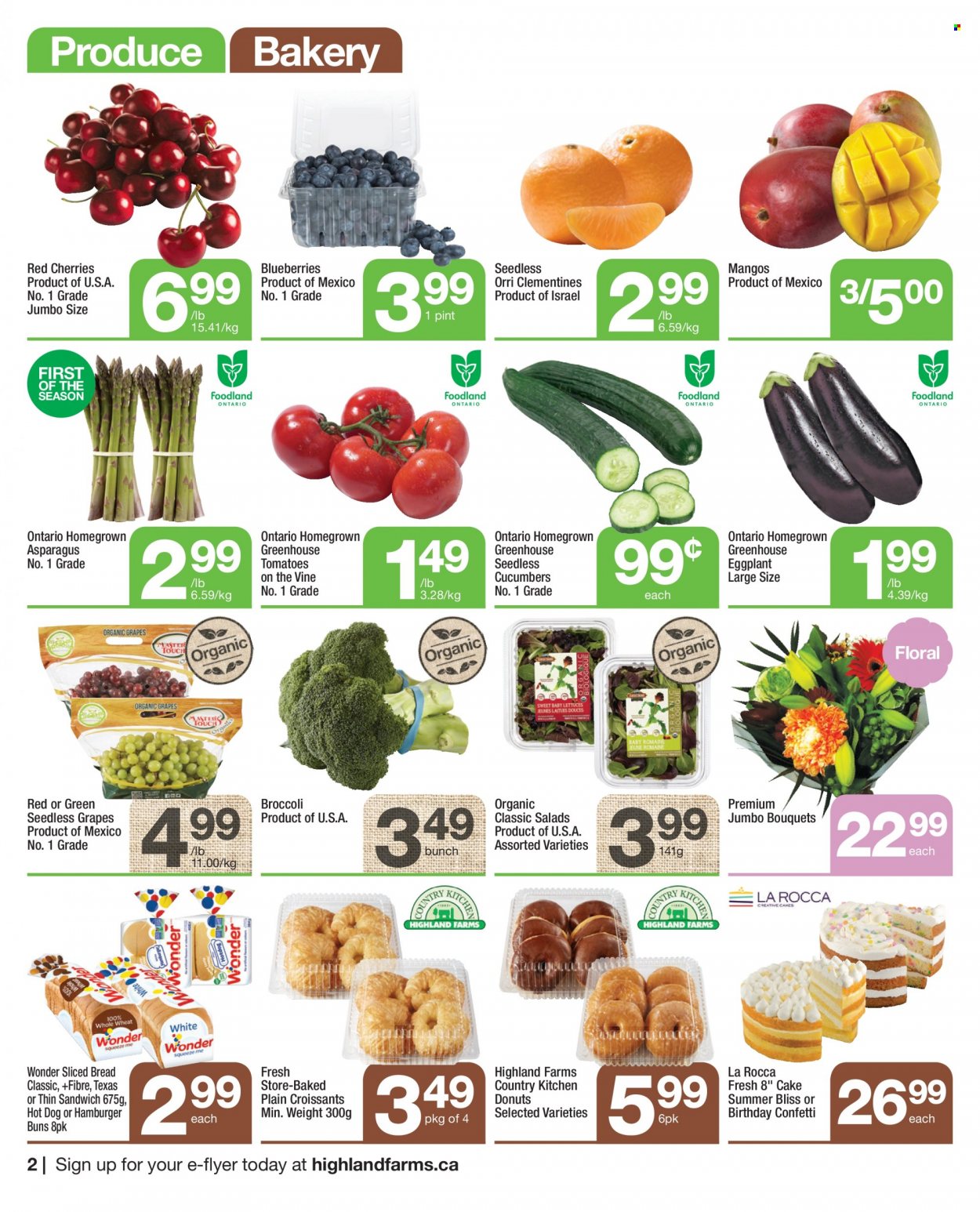 thumbnail - Highland Farms Flyer - May 19, 2022 - May 25, 2022 - Sales products - bread, cake, croissant, buns, burger buns, donut, asparagus, broccoli, cucumber, eggplant, blueberries, clementines, grapes, seedless grapes, cherries, hot dog, sandwich. Page 2.