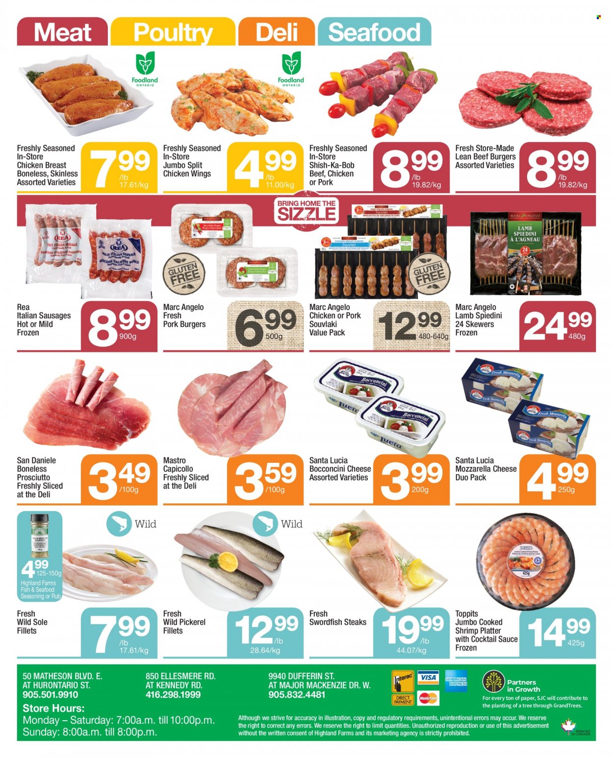 thumbnail - Highland Farms Flyer - May 19, 2022 - May 25, 2022 - Sales products - swordfish, seafood, fish, shrimps, walleye, hamburger, sauce, beef burger, prosciutto, sausage, bocconcini, cheese, chicken wings, Santa, spice, cocktail sauce, chicken breasts, chicken, beef meat, mozzarella, steak. Page 4.