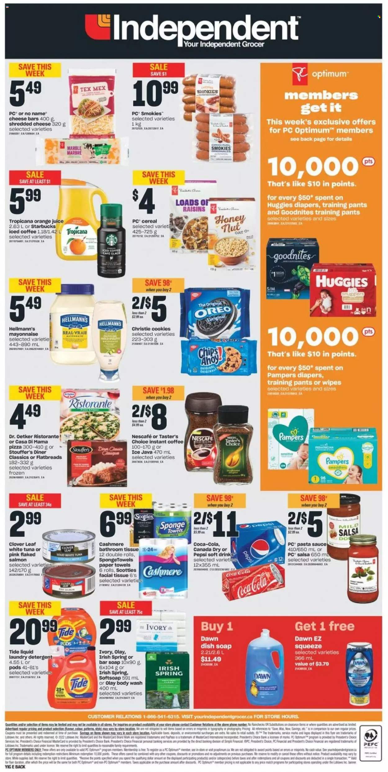 thumbnail - Independent Flyer - May 19, 2022 - May 25, 2022 - Sales products - salmon, tuna, pizza, pasta sauce, sauce, shredded cheese, Dr. Oetker, Président, Clover, mayonnaise, Hellmann’s, Stouffer's, cookies, oats, cereals, salsa, dried fruit, Canada Dry, Coca-Cola, Pepsi, orange juice, juice, soft drink, iced coffee, instant coffee, Starbucks, wipes, pants, nappies, baby pants, bath tissue, kitchen towels, paper towels, Tide, laundry detergent, body wash, Softsoap, soap bar, soap, Olay, sponge, Optimum, detergent, raisins, Huggies, Pampers, Oreo, Nescafé. Page 2.