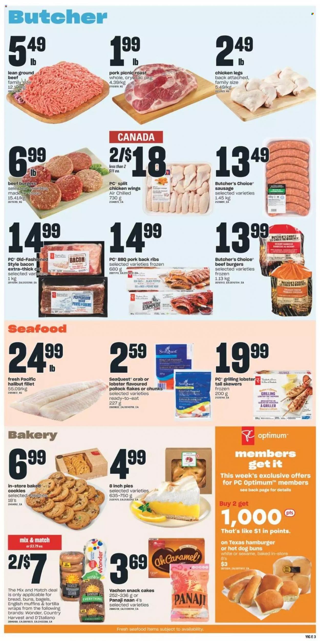 thumbnail - Independent Flyer - May 19, 2022 - May 25, 2022 - Sales products - bagels, english muffins, tortillas, cake, buns, wraps, lobster, halibut, pollock, seafood, crab, lobster tail, beef burger, sausage, cheese, Country Harvest, chicken wings, cookies, snack, sea salt, pepper, chicken legs, chicken, beef meat, ground beef, pork meat, pork ribs, pork back ribs, Optimum. Page 4.