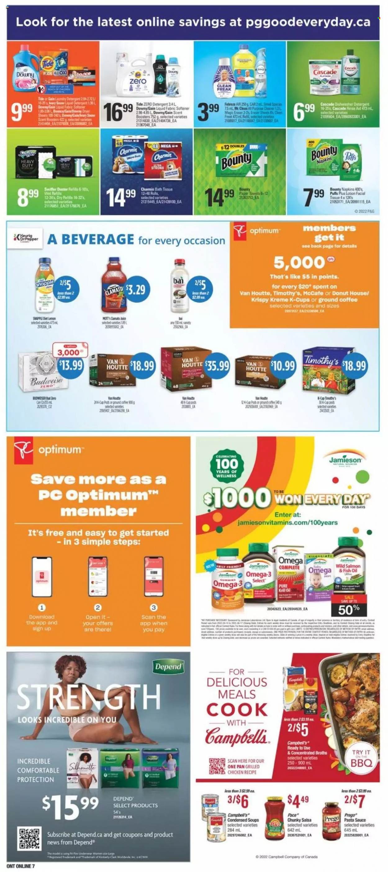 thumbnail - Independent Flyer - May 19, 2022 - May 25, 2022 - Sales products - puffs, salmon, fish, Campbell's, pasta sauce, sauce, Bounty, salsa, Clamato, Snapple, coffee, ground coffee, coffee capsules, McCafe, K-Cups, Keurig, beer, napkins, bath tissue, Charmin, Gain, Tide, fabric softener, Cascade, scent booster, pan, eraser, paper, Optimum, vanity, Omega-3, Budweiser, detergent. Page 14.